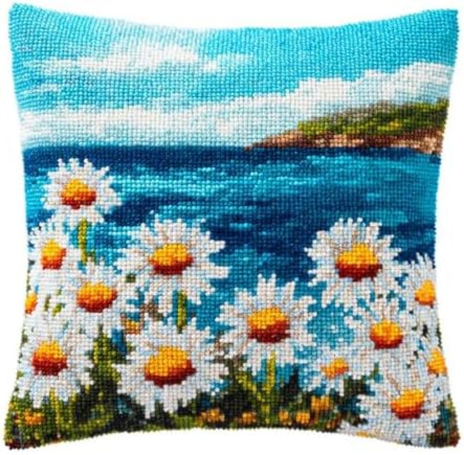 kitphoenix DIY Cushion Cover Latch Hook Kit for Adults Beginners,Chamomile Flowers and Sea,Pillow Cover Craft Making Kit with Pre-Printed Canvas,Pre-Cut Yarn and Hook,43x43 cm Home Décor Gift