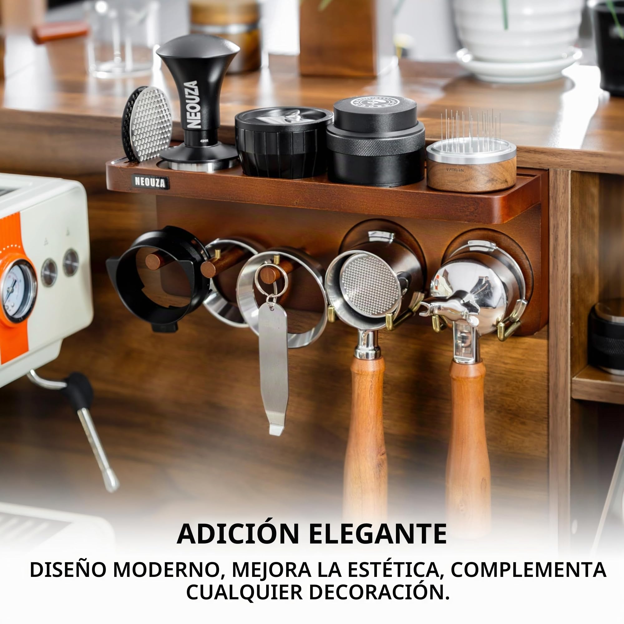 NEOUZA Estación Organizadora Montada en Pared para Accesorios de Espresso, Organizador para Portafiltro de 51/53/58 mm, Estante de Almacenamiento para Prensa de Café, para Bar y Oficina en Casa