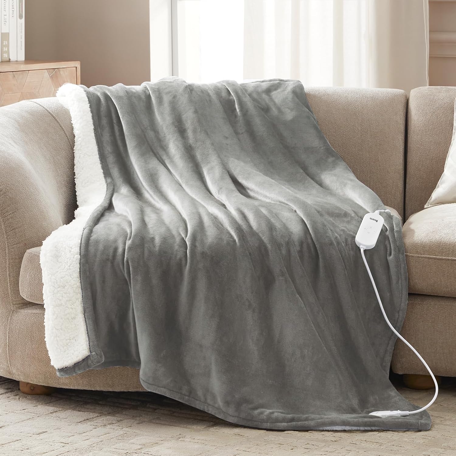 Bwarm Heated Blanket Electric Throw Faux Far Blanket Sherpa Fleece Women Gift,Faux Christmas Fur Blanket for Couch, Sofa, Bed Dark Grey 50x60 Inches