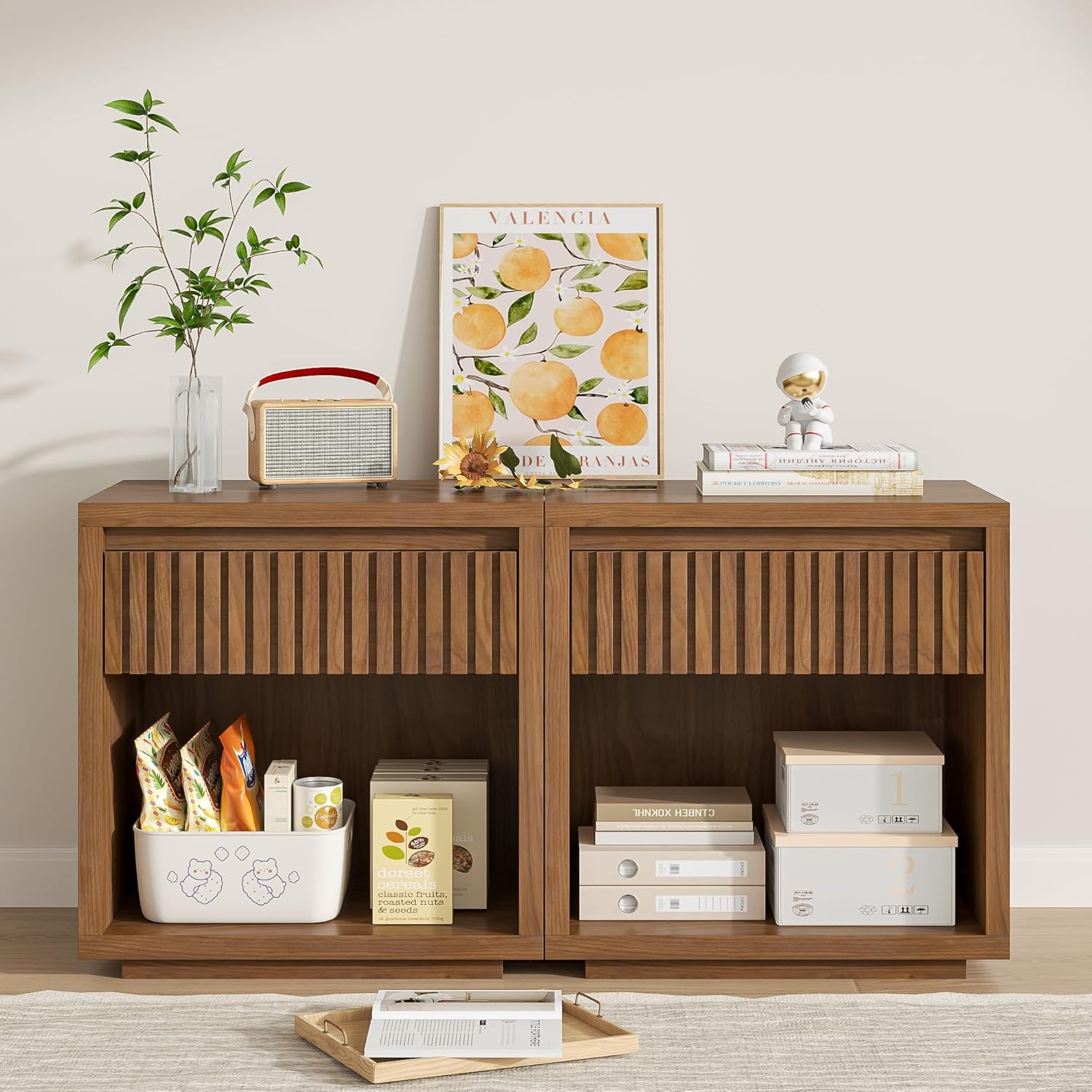 Night Stand Nightstand with Drawer Storage Fluted Bed Side End Table 22.44in, Mid Century Bedside Table for Living Room, Bedroom (2, Walnut, 22.44'')