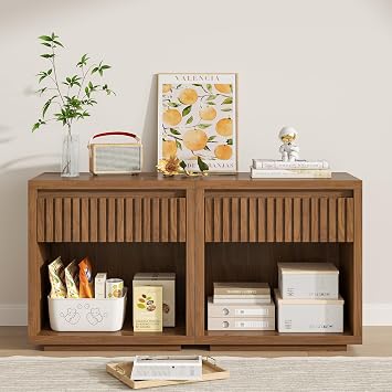 Oubayajia Nightstand Set of 2 with Fluted Drawer, Walnut 22.44in