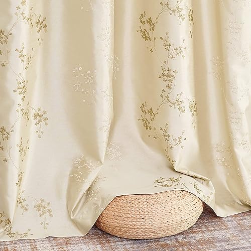 Miniatura 9 de jinchan Cortinas bordadas florales para sala de estar, cortinas de seda sintética de 84 pulgadas de largo con patrón de flores doradas claras,