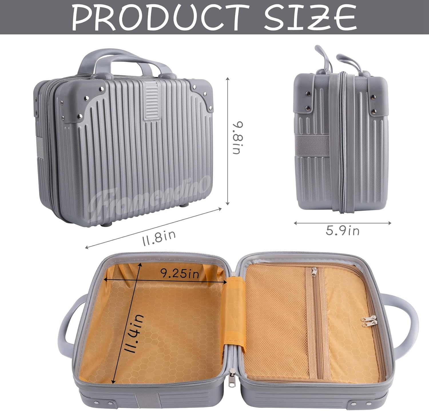 Framendino, Portable Hard Shell Cosmetic Organizer Bag Travel Case Hand Luggage With Elastic Band Silver