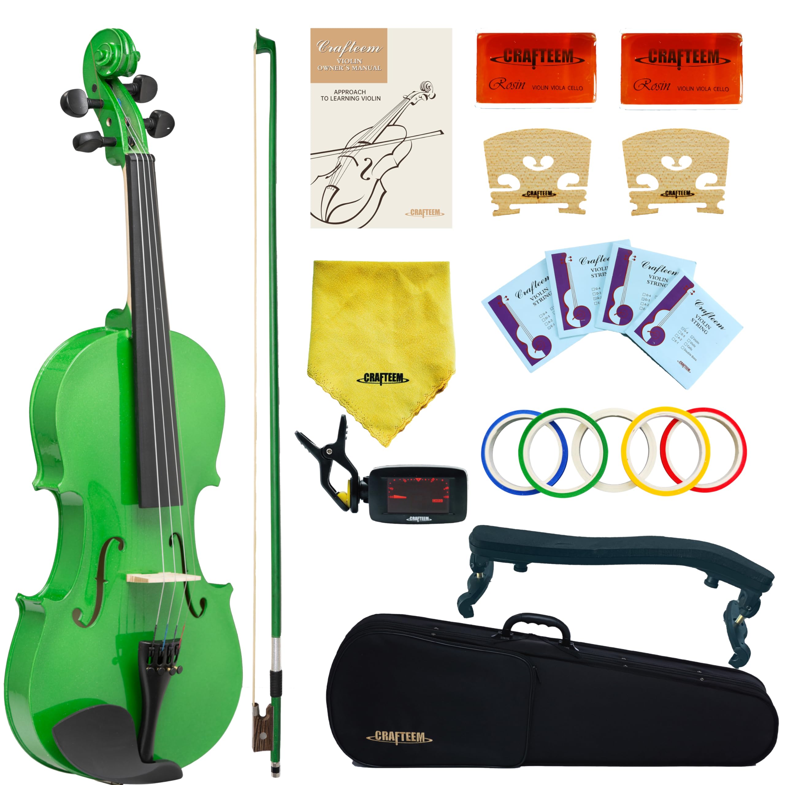 Crafteem 1/2 Fiddle Green Colored Premium Violin Outfit for Beginners Adults Kids With 5 Color Fingering Tape- Handcrafted Student Beginner Violin.