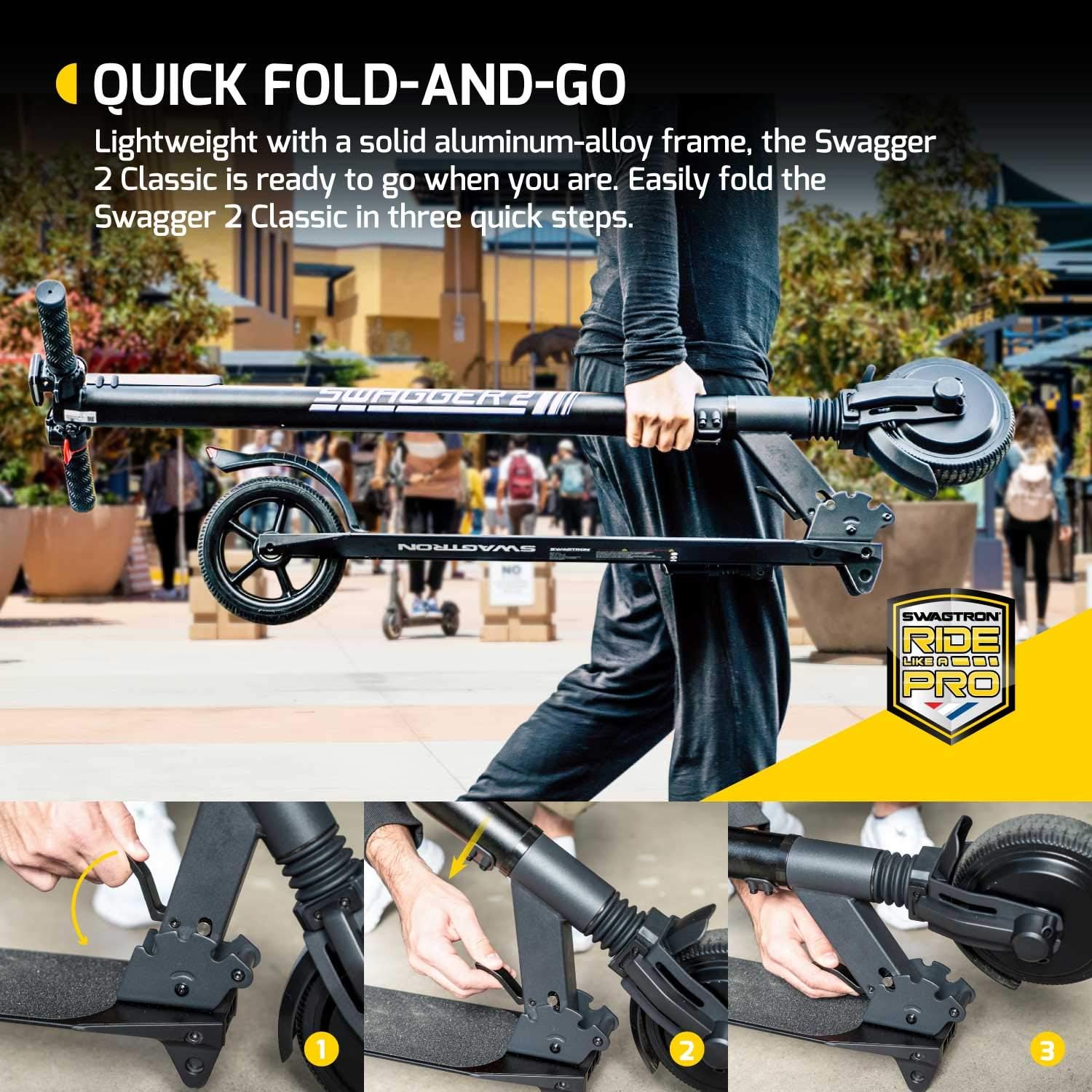 SWAGTRON Swagger Classic Foldable Electric Scooter, Cruise Control, 200W Hub Motor, Maintenance-Free Tires & More (SG-2)