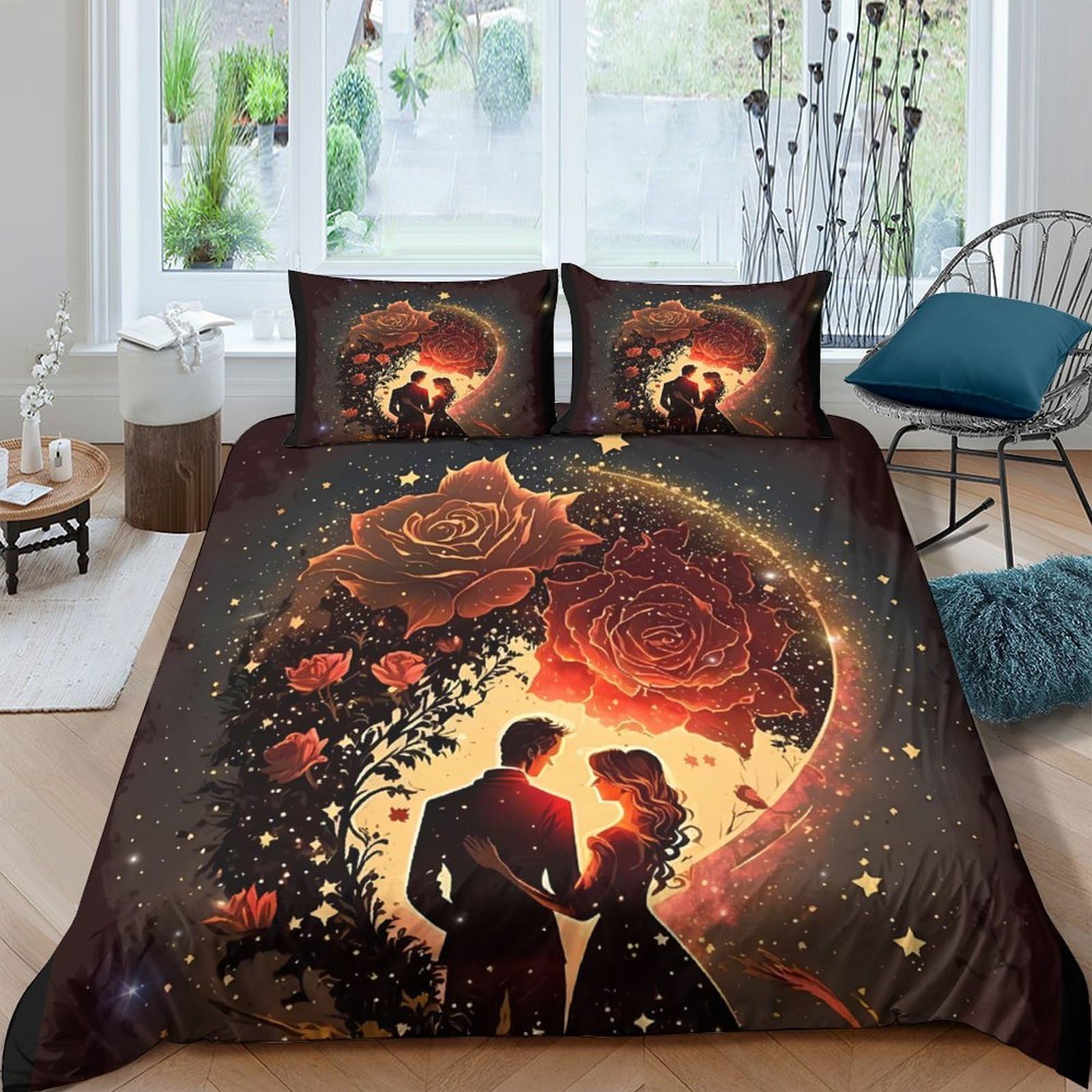 Ctjqhvkz Style-2 3D Printed Romantic Sunset Fitted Sheet Microfiber Rose Lovers Mattress Cover Bedroom Decor Anti-Slip Washable Single（135X200cm）