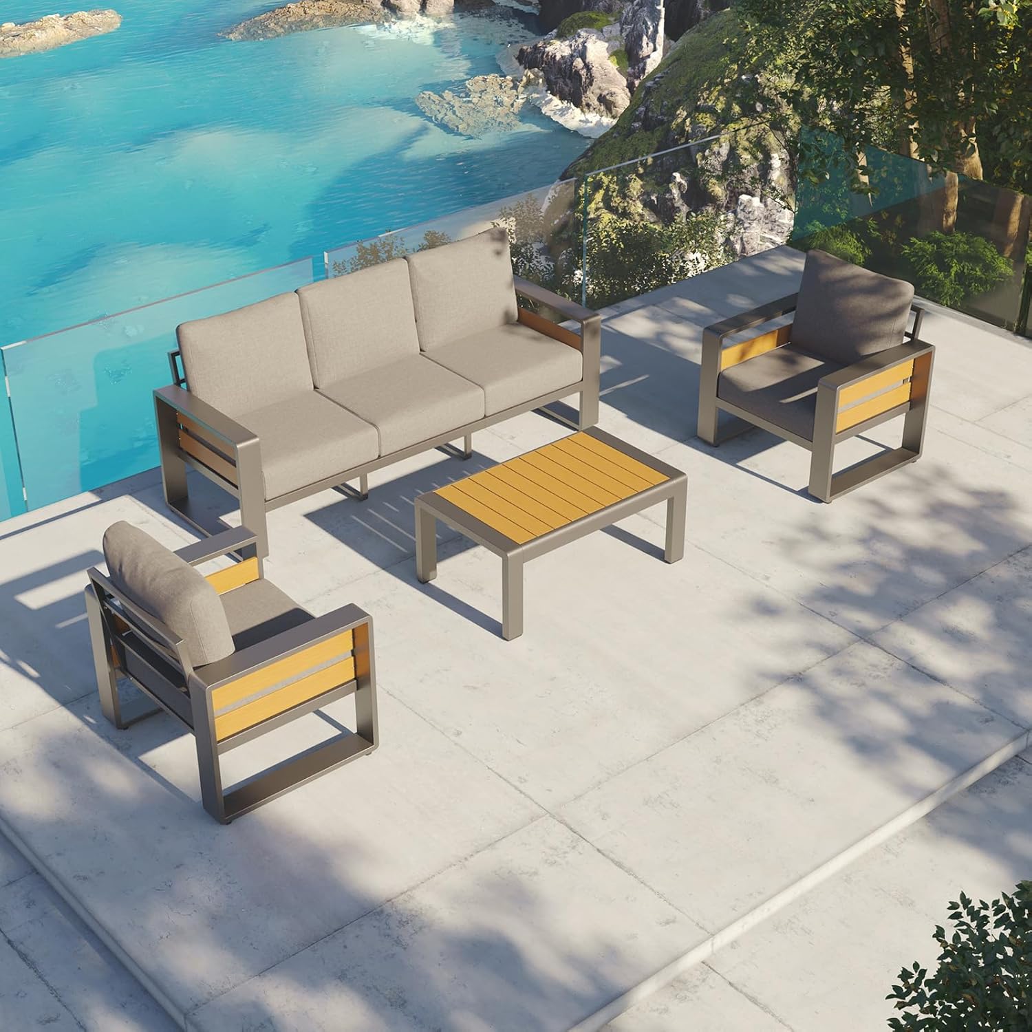 Aoxun Aluminum Patio Furniture Set, 5 Seats Luxury Metal Patio Conversation Sets with Coffee Table, 6'' Thick Cushions and 3-Seat Sofa, Modern Outdoor Furniture Set for Backyard/Poolside, Light Grey