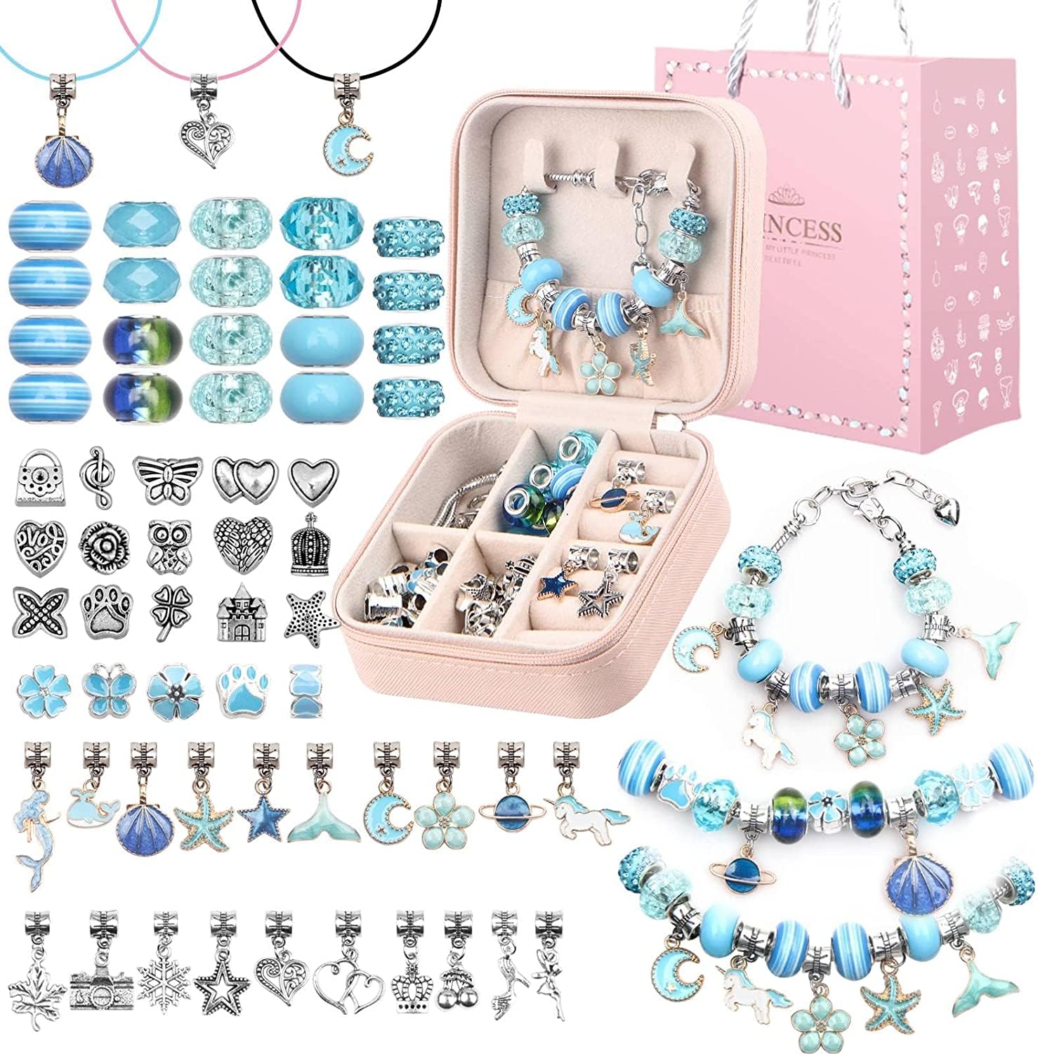 Charm Bracelet Making Kit Girls Beads for Jewelry Making Kit, Unicorns Arts Crafts Gifts Set for Teen Girls Age 5 6 7 8-12, with a Portable Bracelet Organizer Box (Blue)