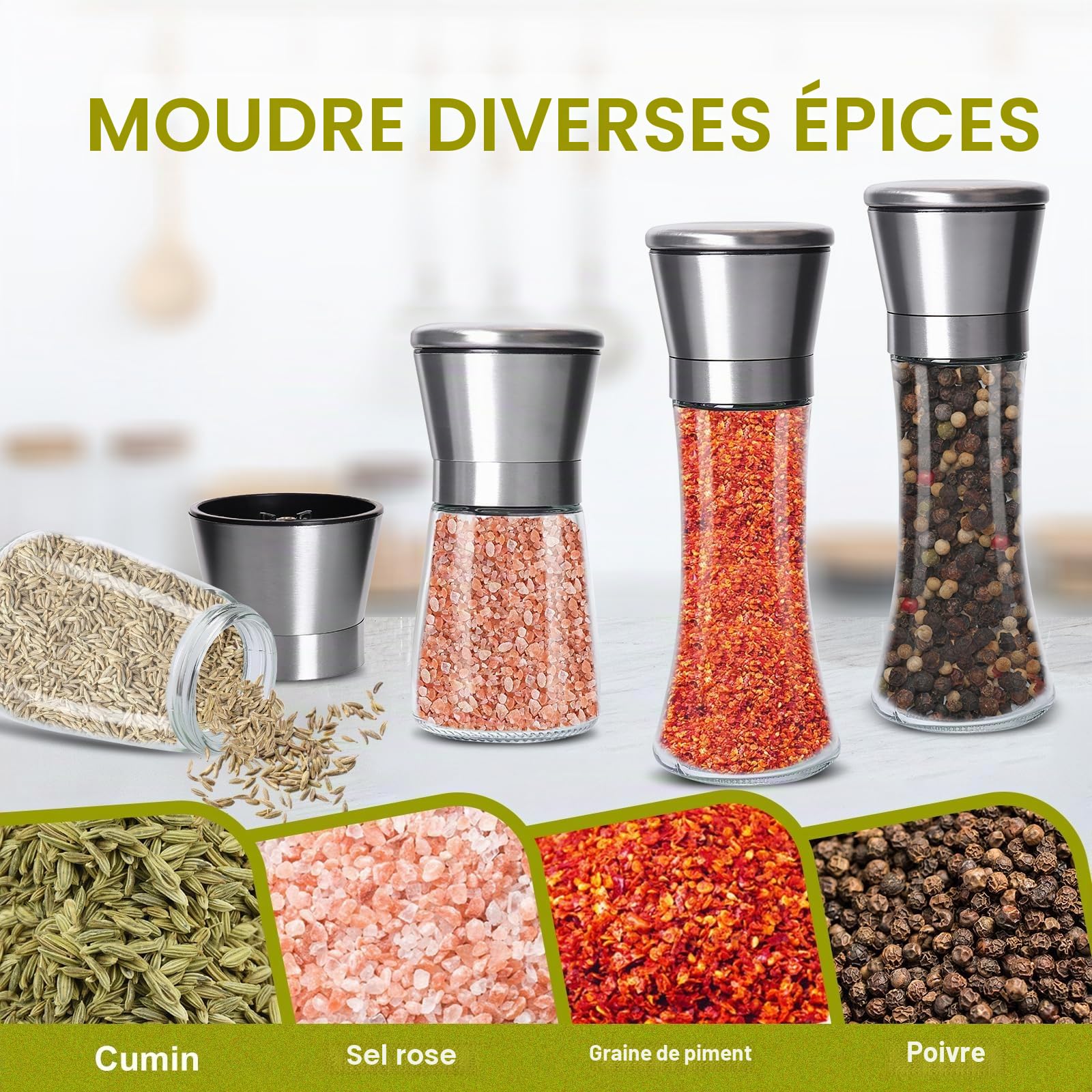 Gucass 4 Pcs Moulins à Poivre et Sel, Acier Inoxydable Verre Meule en Céramique Réglable Broyeur à Épices, Salières et Poivrières, Moulin À Épices, Idéal pour Moudre et Recharger Sel, Poivre et Piment