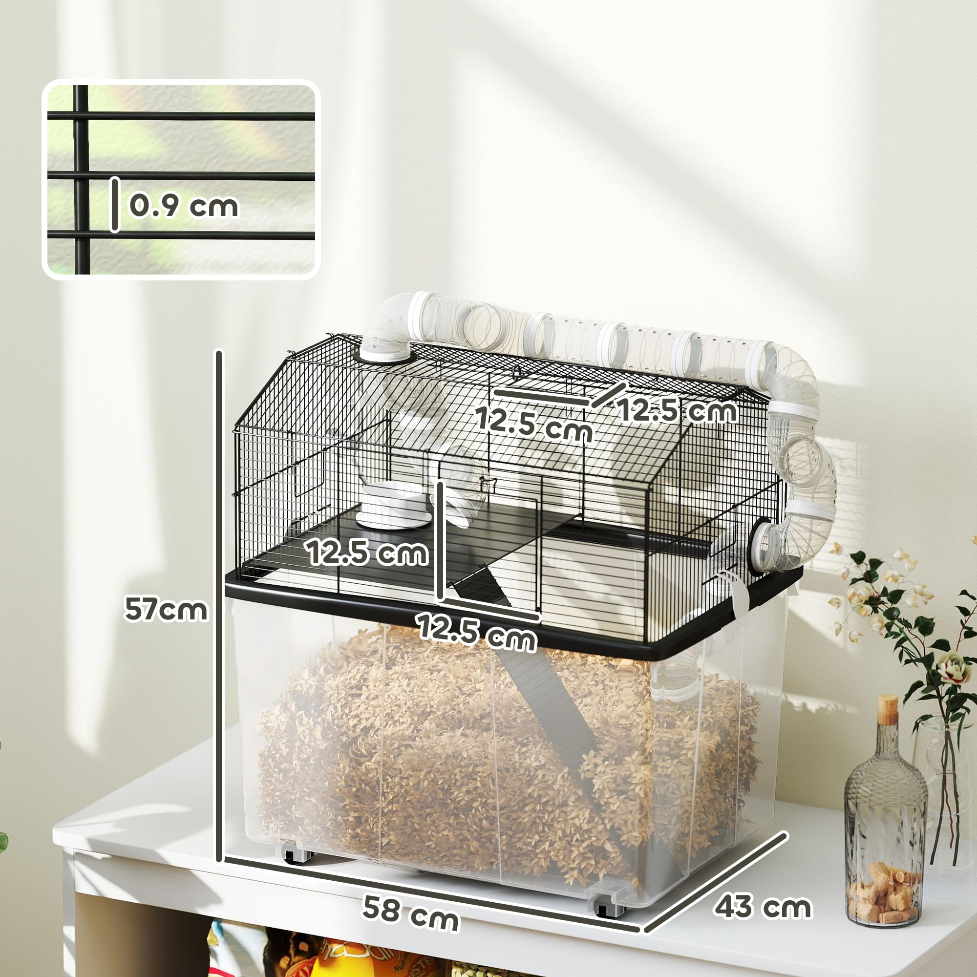 PawHut Gabbia per Criceti a 2 Livelli Base Profonda 31 cm 58x43x57 cm Nero | Casetta per Gerbilli, Ruote, Tubi, Ciotola, Bottiglia, Rampa