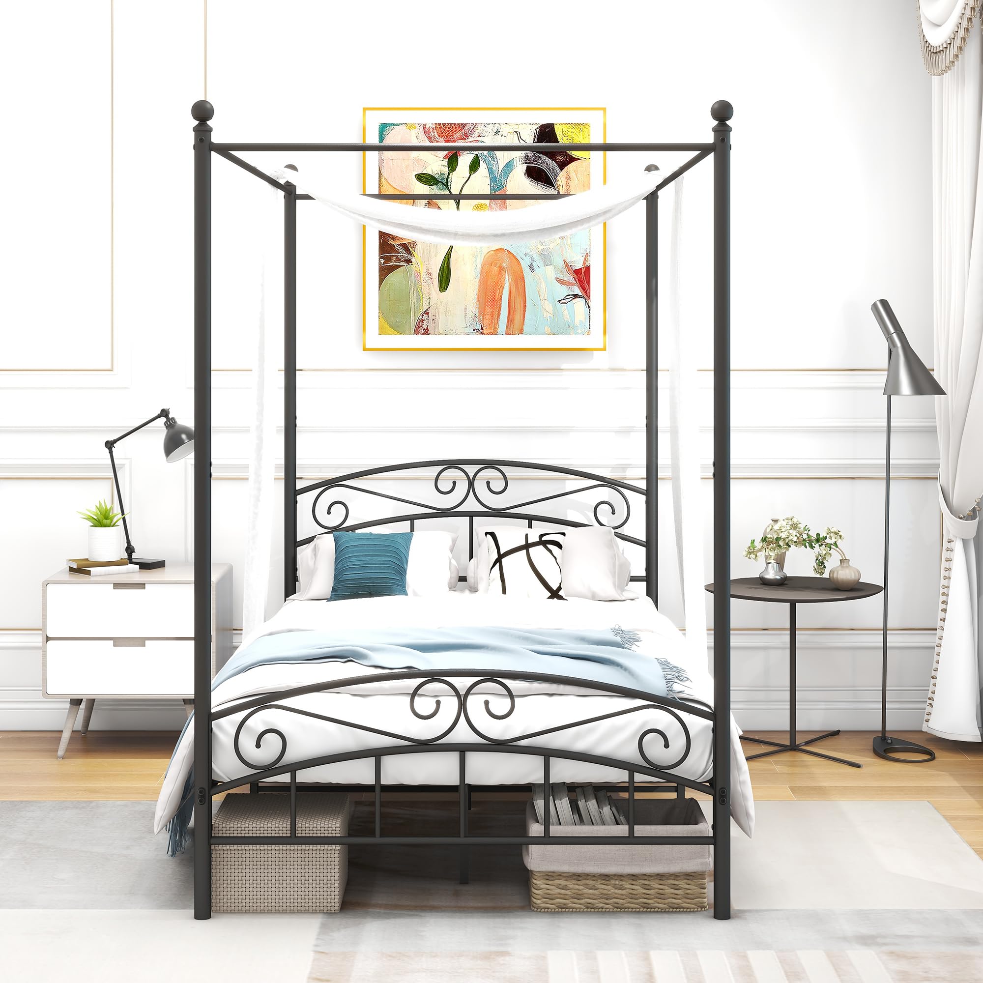 Letto a Baldacchino Matrimoniale in Metallo, per Camera da Letto, 120 x 200 cm, Colore Nero