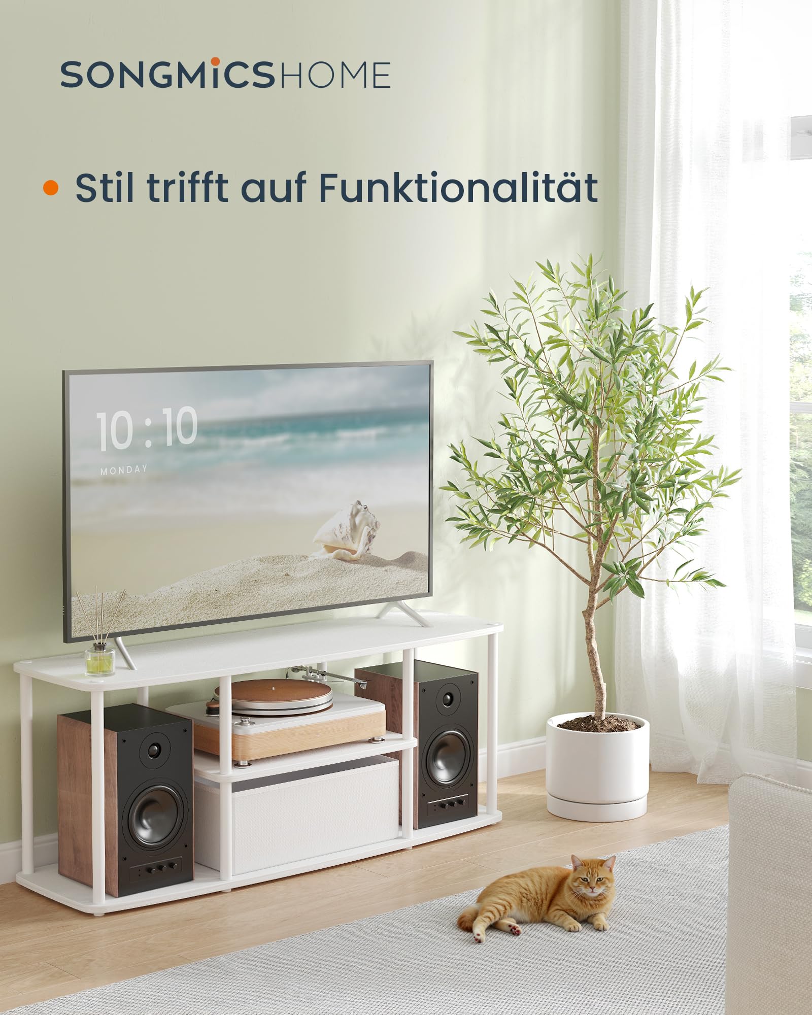 SONGMICS HOME Superschnelle werkzeuglose Montage, TV-Schrank für Fernseher bis zu 50 Zoll, Fernsehtisch, Lowboard, Wohnzimmer, 110 x 35 x 46 cm, Regal, schneeweiß-mattweiß LTV500W01