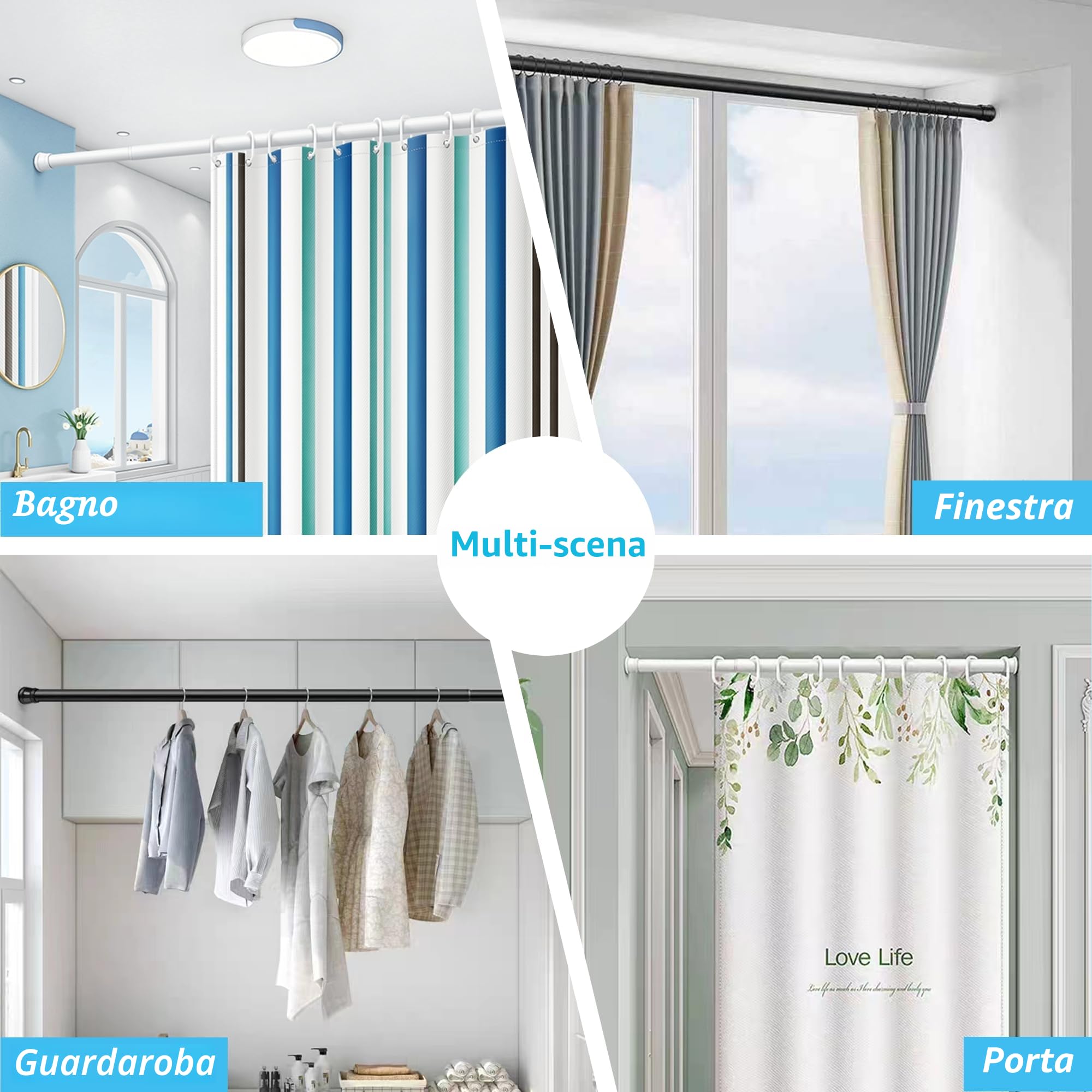 Asta per tende, extra lunga, senza fori, lunghezza 115-410 cm, diametro 32 mm, per bagno, camera da letto, asta per tende, vestiti, bianco, 4 m