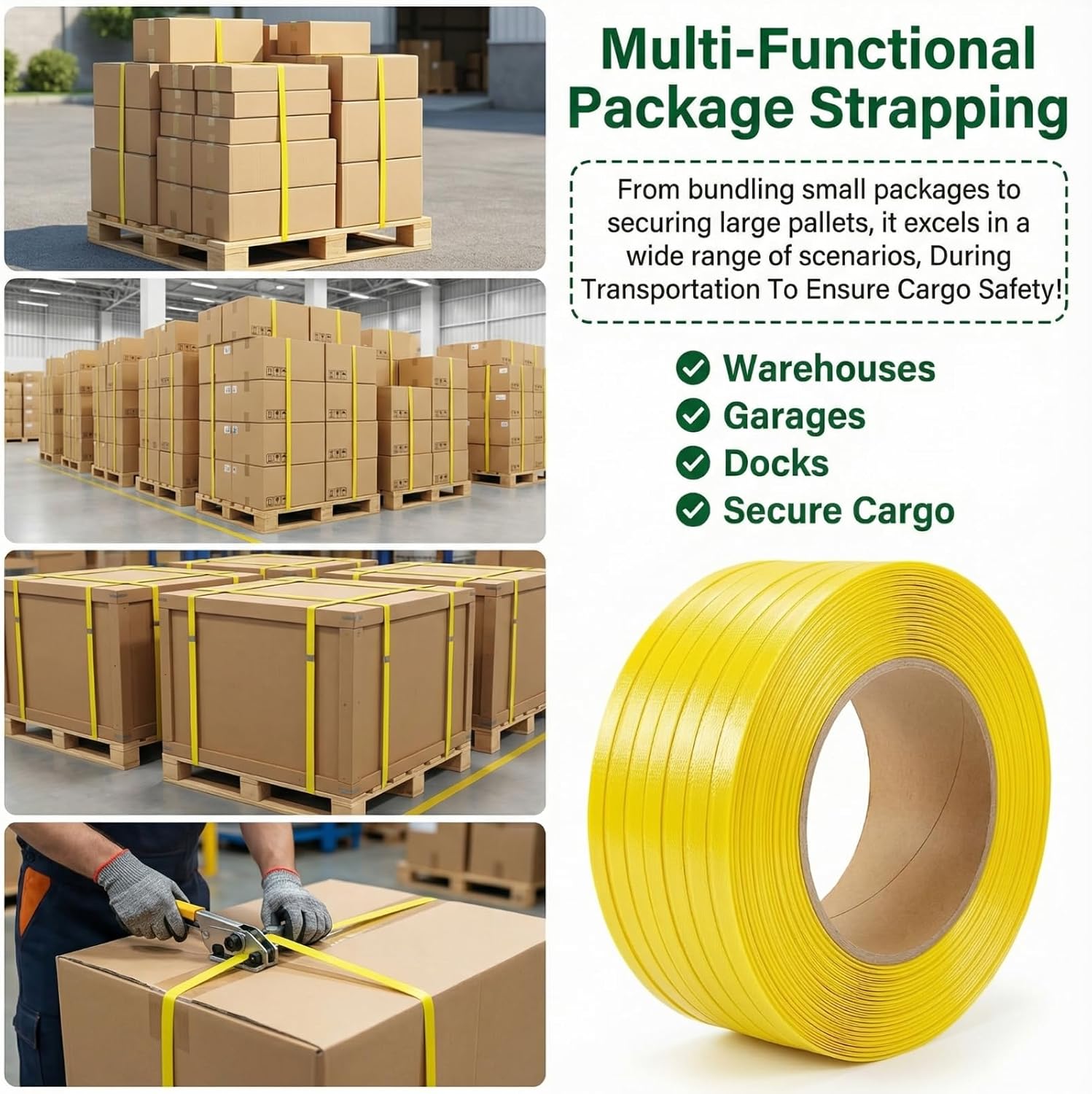 Packaging Banding Poly Strapping Roll, 1/2" Width,3280' Length,0.030" Thickness Polypropylene (PP) Banding Strap for Pallet Securing and Box Packaging - 300 lbs Break Strength(Yellow