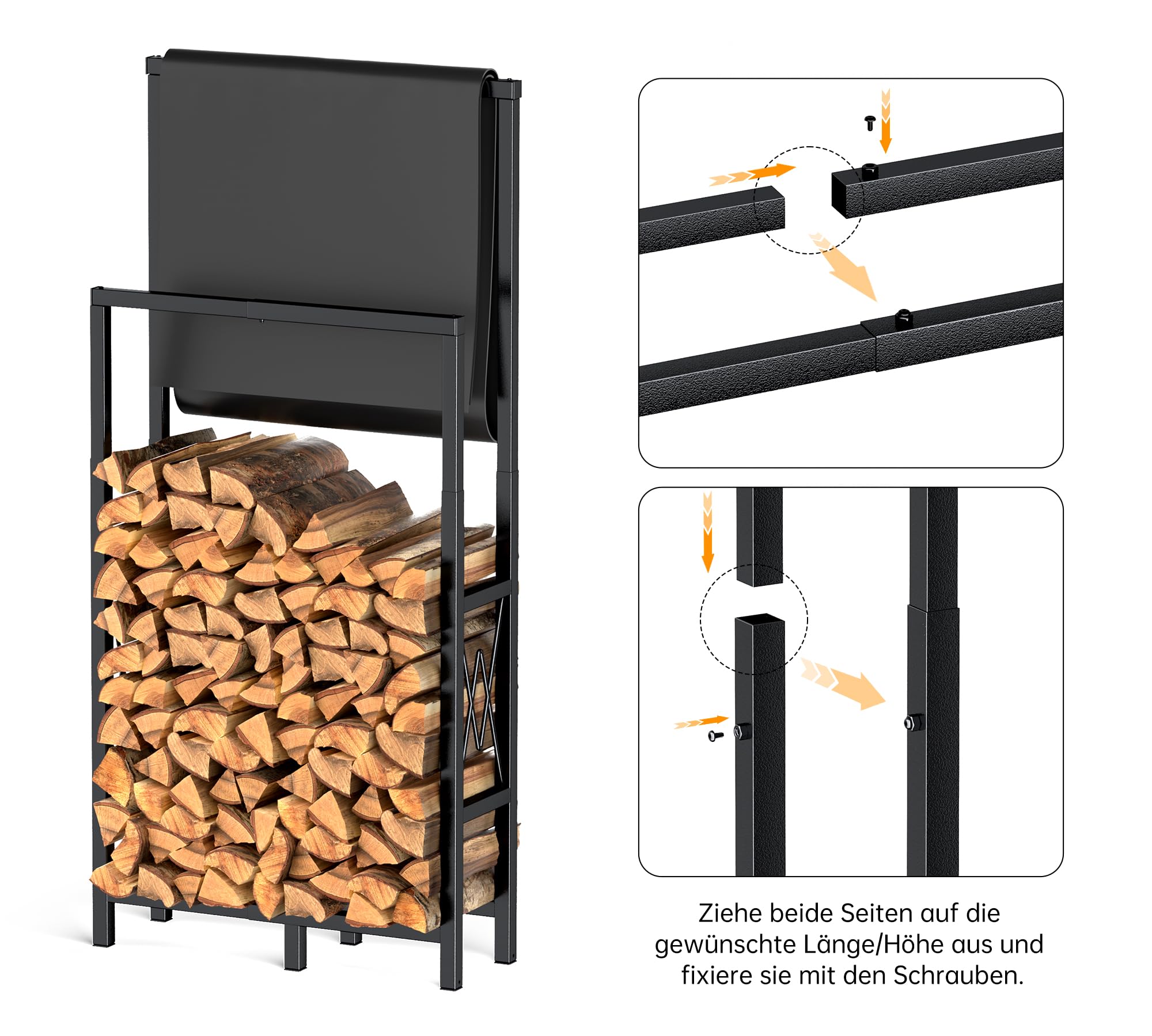 HFHOME Kaminholzregal Höhen- und Längen Verstellbar für Innen & Außen, Metall Brennholzregal für Brennholz Aufbewahrung mit Rutschfester Matte, Holzregal Max. 75 x 25 x 170cm