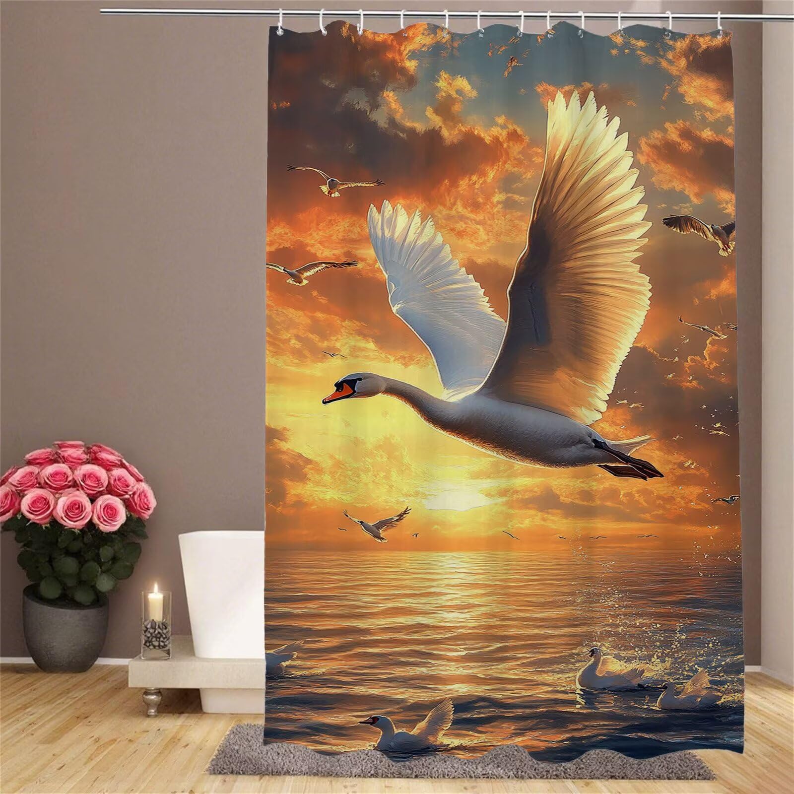 Rideau douche cygne 90x180 au coucher de soleil pour ambiance de douche zen