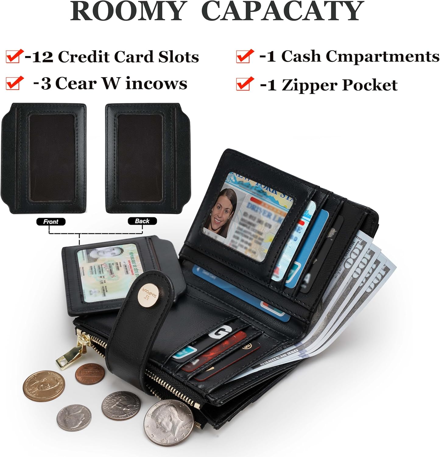 Small Womens Wallet,Slim Bifold Leather Wallet for Women RFID Card Holder Ladies Compact Pocket Wallet Small Wallet for Crossbody Bag(Black) - Image 4