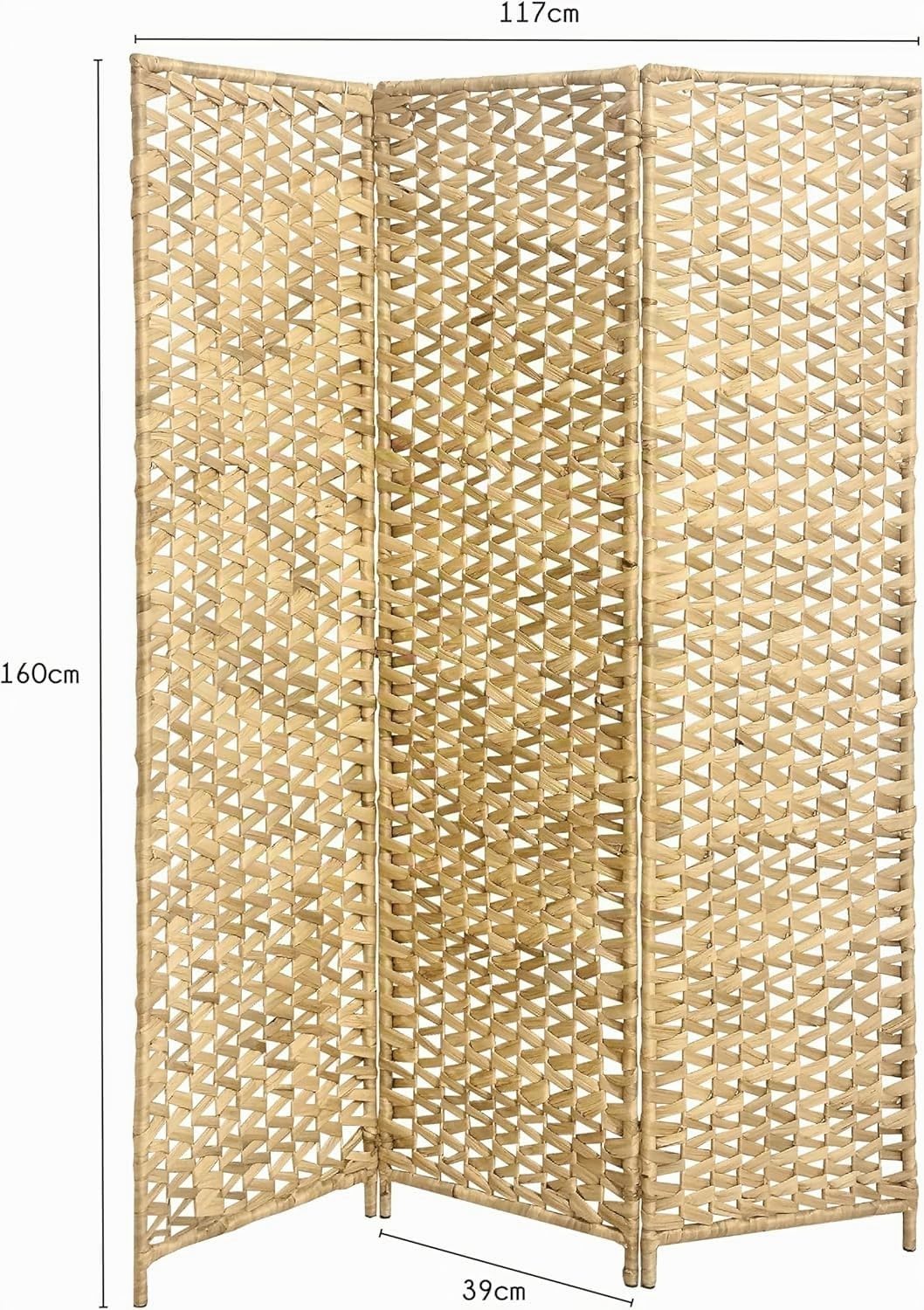 Box and beyond – Biombo interior – 117 x 160 cm – Jacinto de agua natural – 3 paneles – Trenzado calado – Separador de habitaciones – Dormitorio, sala de estar, oficina – Estilo bohemio