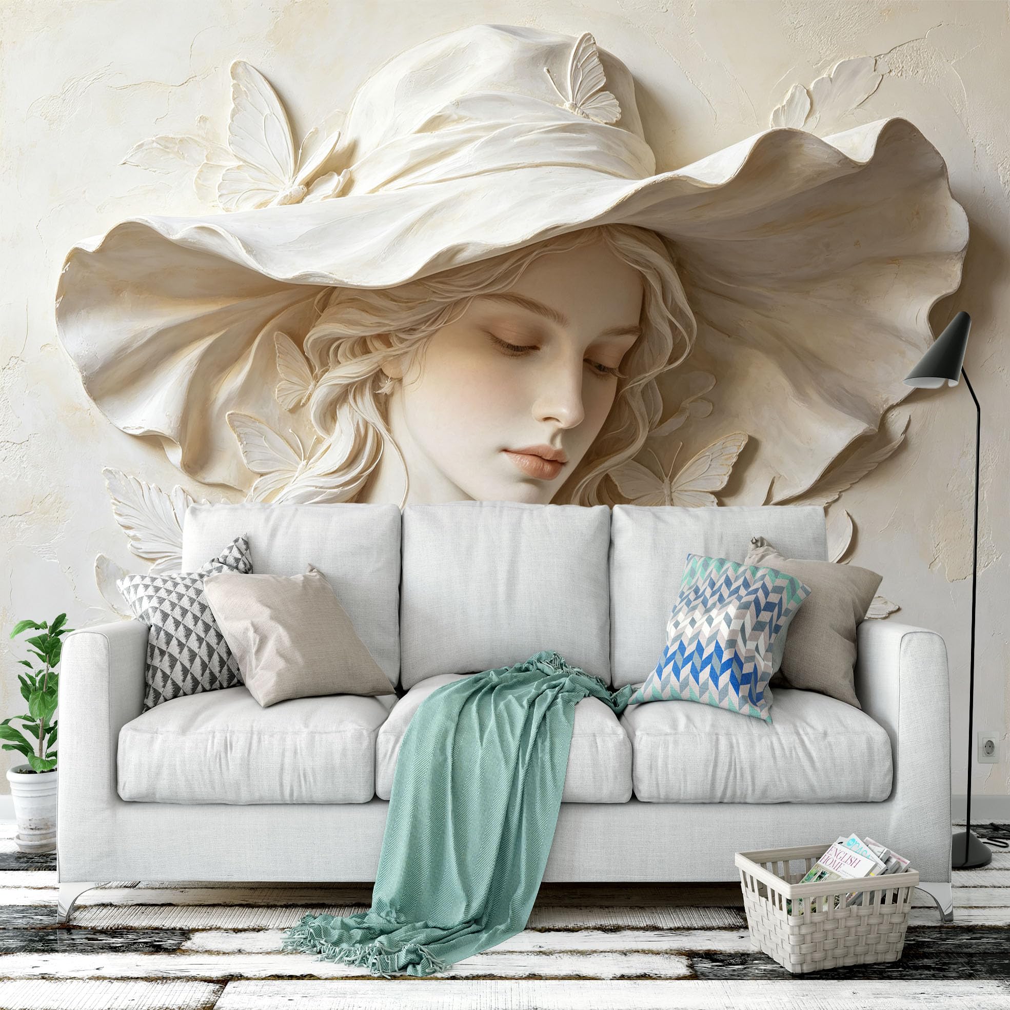 Papel Pintado Fotográfico En Relieve 3D De Una Dama Con Sombrero Y Mariposa 250 × 175 Cm Elegante Escultura De Mujer Mural De Pared No Tejido Papel Pintado De Arte Clásico Personalizado Para Dorm