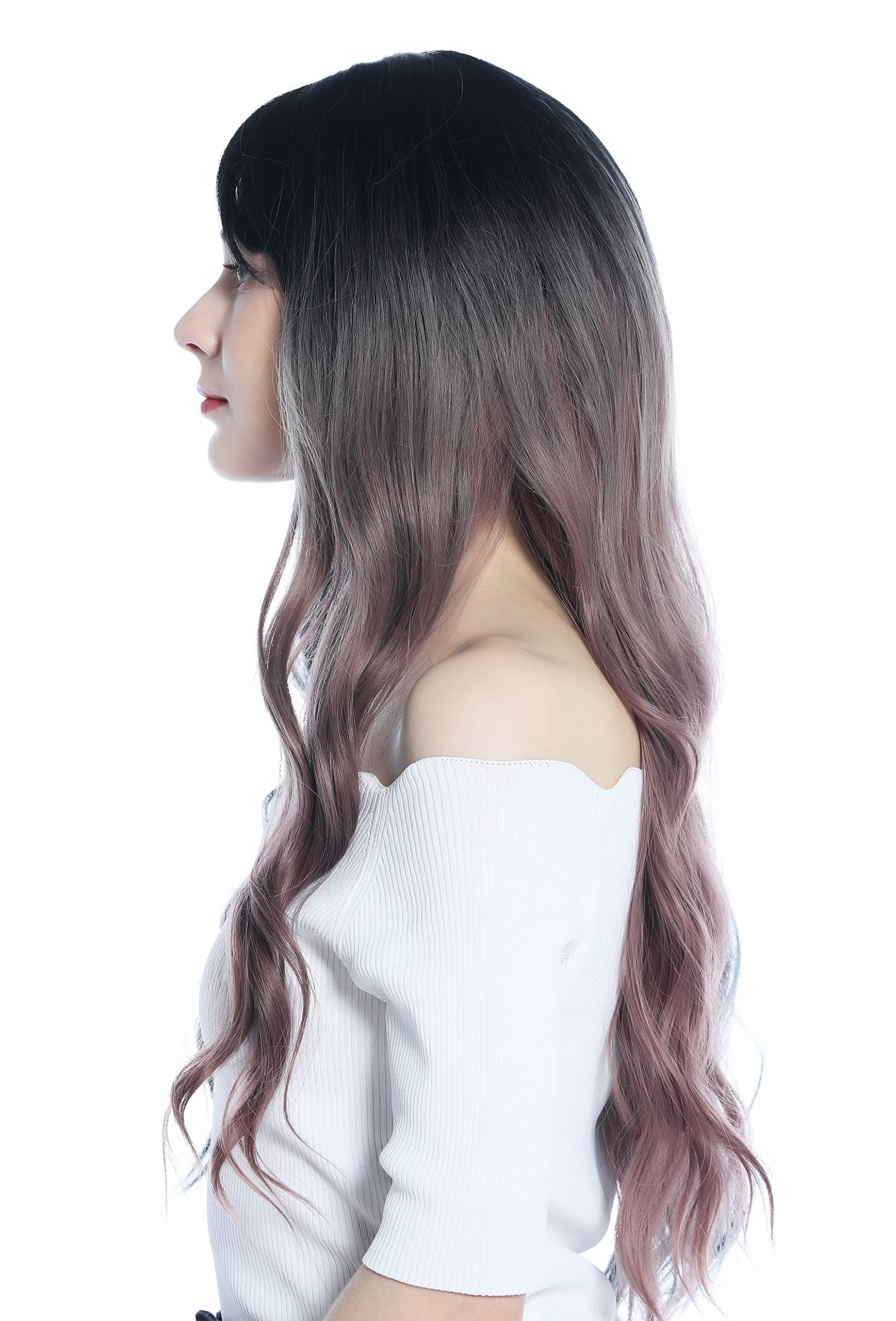 WIG ME UP - C8259-612-422 Ladies' Wig long wavy ombre black asymmetrical colouration grey-blue other side dark pink - Image 3