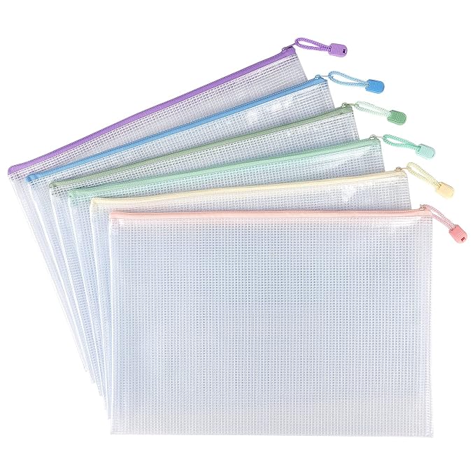 Tamaki 6 Pack Mesh Zipper Pouch Bags Waterproof Zipper Bags Durable Pouches for Organization Bag Board Game Storage, Document Bag Letter/A4, Multicolor