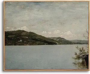 crmotu Framed Canvas Wall Art, Lake Landscape Vintage Large Artwork, Nature Scenery Retro Art Prints, Mountain River Moody Wall Painting for Living Room Bedroom Bathroom Office Decor Aesthetic 24x36in