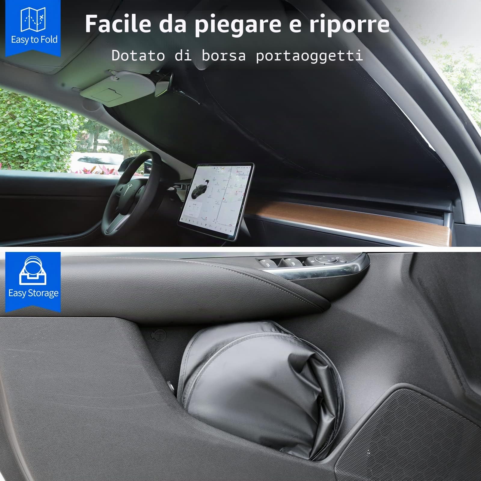 Parasole progettato per Tesla Model 3 Y 2019-2025, parabrezza anteriore, doppio strato di tessuto per bloccare la luce, parasole pieghevole con borsa di stoccaggio,accessori per Tesla Model 3/Y