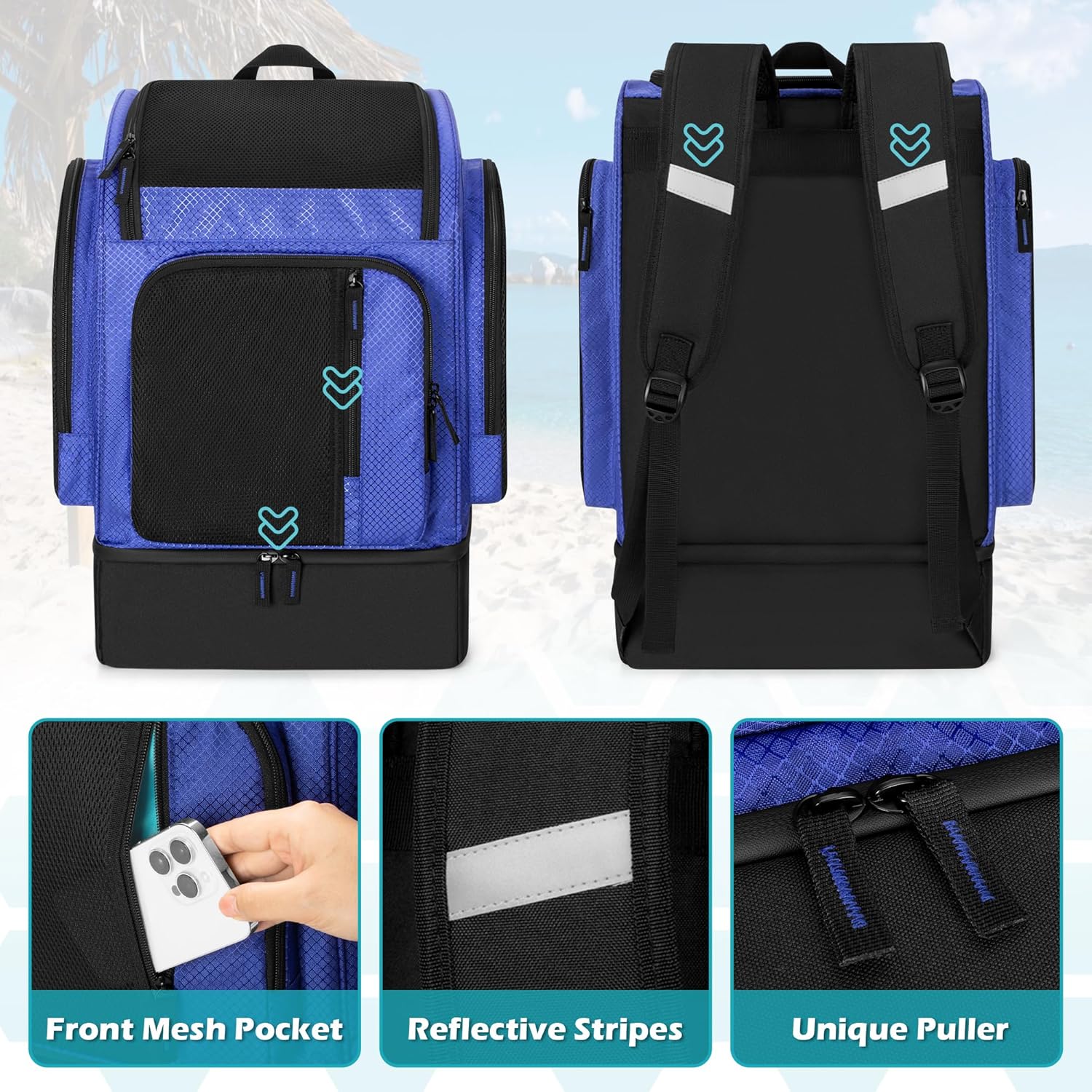 Fasrom Mesh Beach Backpack with Insulated Cooler Compartment, Wet Dry Separation Beach Bag, Large Capacity Tote for Swim