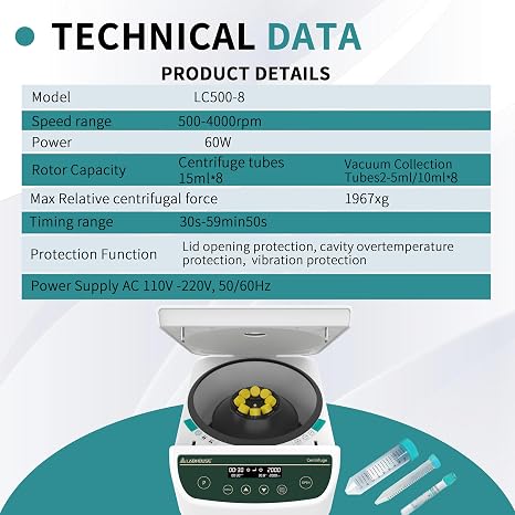 LC500-8 PRP PRF Centrifuge Machine, 500-4000rpm, 1967g, Plasma | 815ml/10ml/2-5ml tubes, benchtop centrifuge, 9 memory programs, 30sec-99min timer