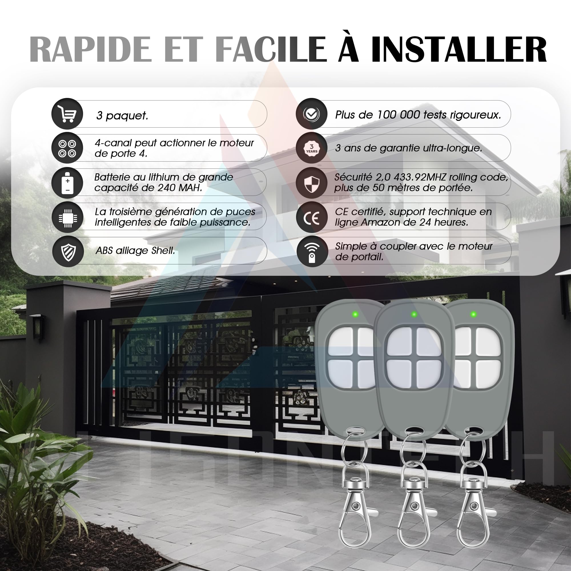 3 x AAM0049 Télécommande SCS Motorisation Portail Portes de Garage 4-Canaux 433,92MHz Garantie de 3 Ans