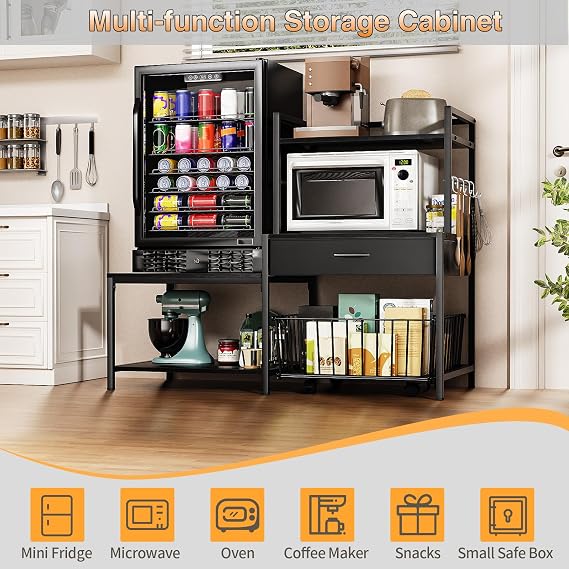 kepptory Mini Fridge Stand with Storage, Kitchen Microwave Cart Rolling Basket, Coffee Bar Station Organizer with Power Outlet & Hooks, Industrial L-Shaped Utility Shelf for Home Office, Black