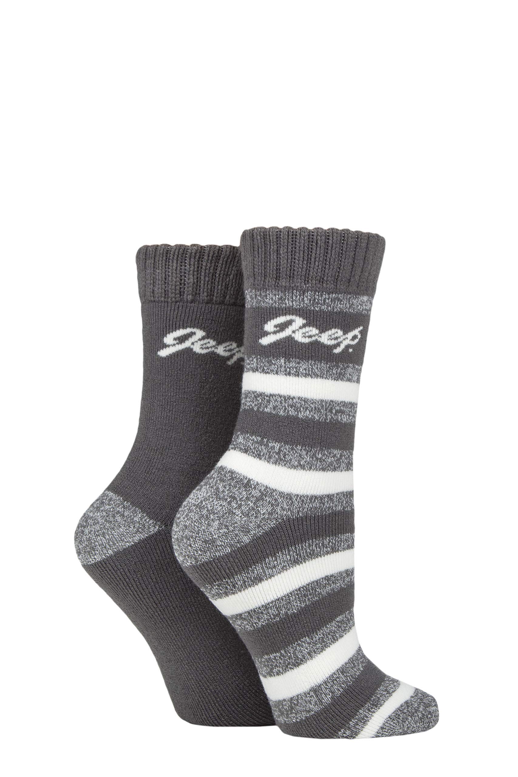 Jeep Ladies Cushioned Brushed Thermal Boot Socks Pack of 2 Slate/Cream 4-8
