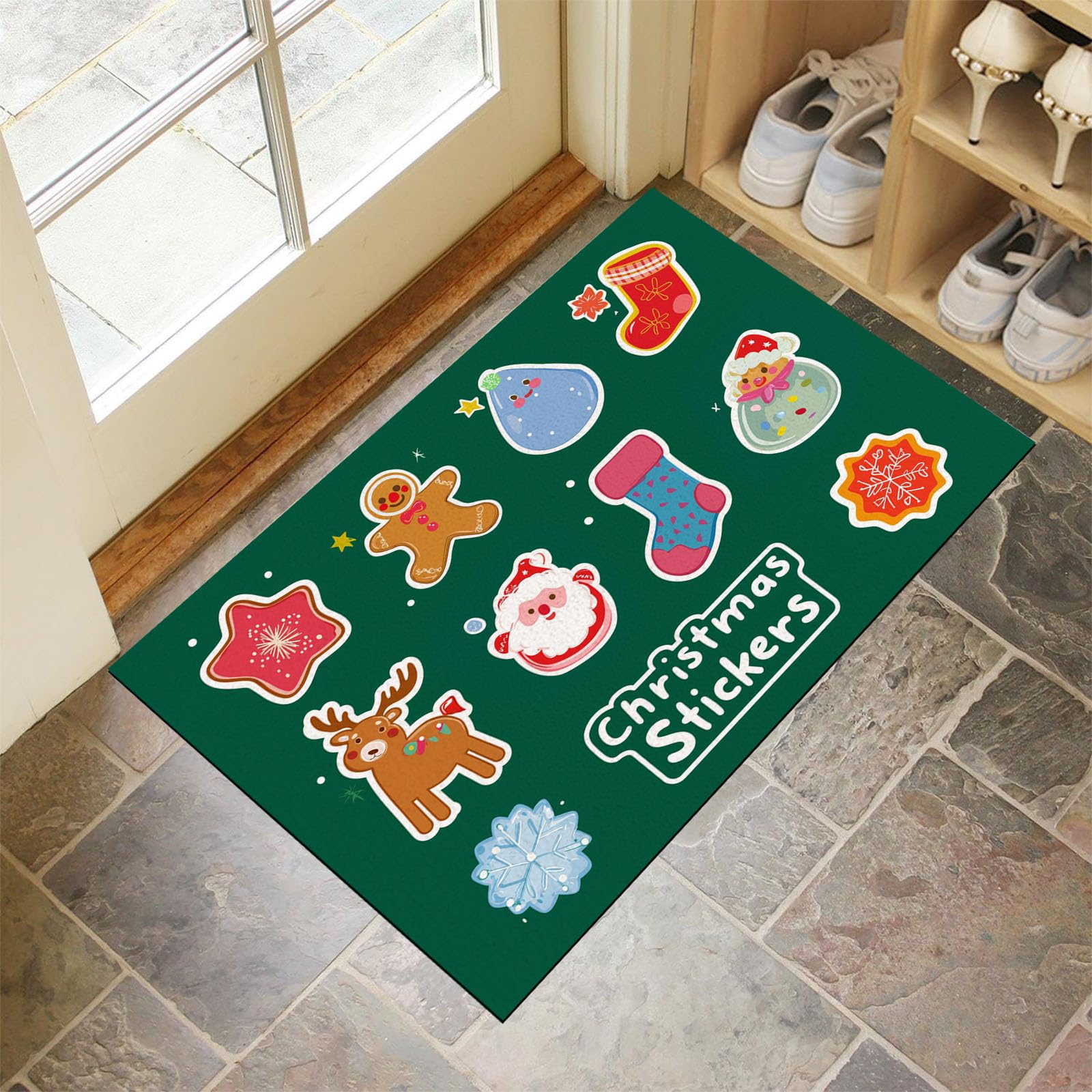Felpudo Exterior e Interior, 90x150cm Alfombra Entrada Papá Noel Renos Hombre Jengibre Antideslizante Lavable, Alfombrilla Navideños Absorbentes para Puerta de Casa, Pasillo, Cocina, Verde Oscuro