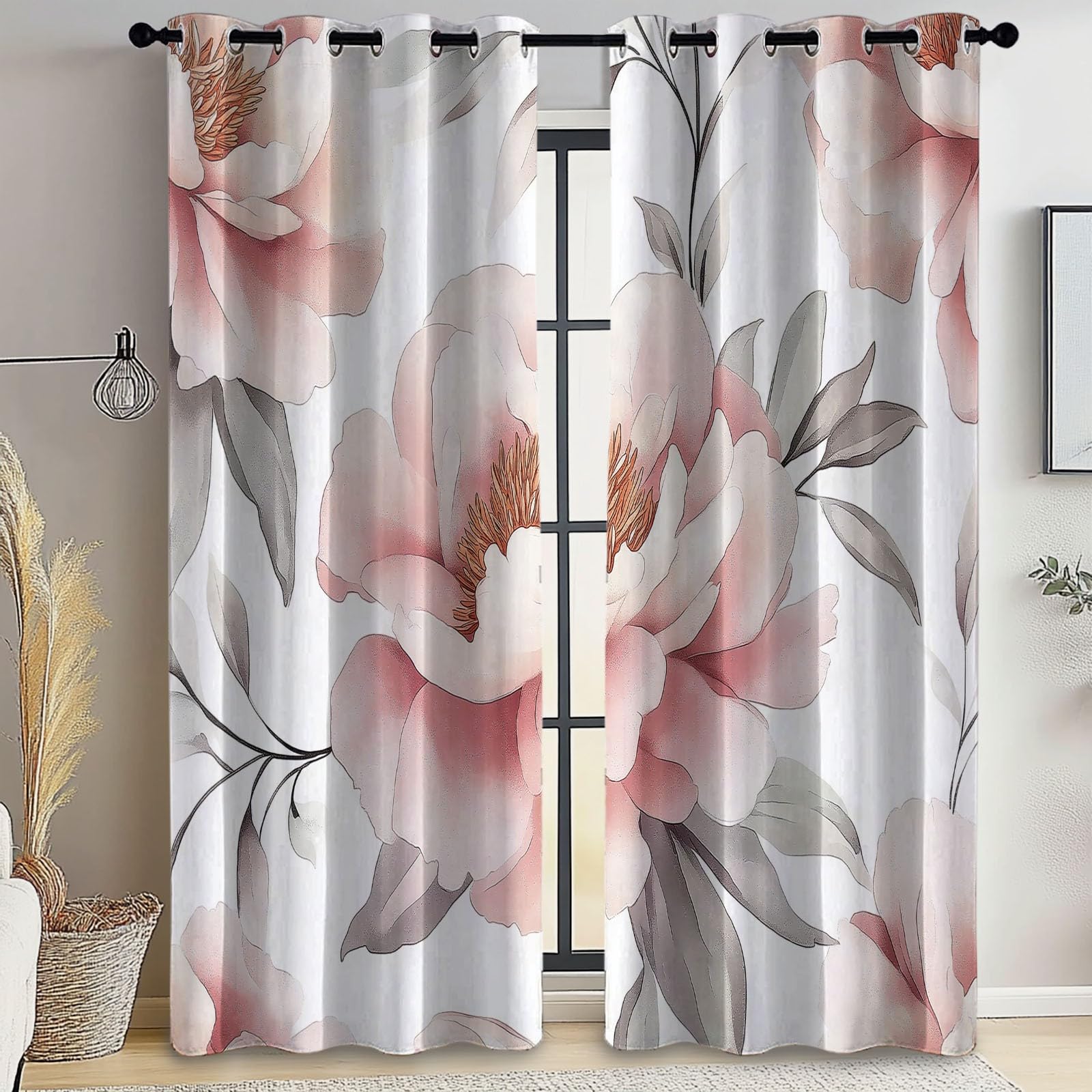 Termiczna zasłona zaciemniająca 100% poliester termiczna nieprzezroczysta zasłona, kwiatowa piwonia 110 l x 215 H cm (2 panele) blokowanie oczek światło anty-UV do salonu sypialni, różowo-biały