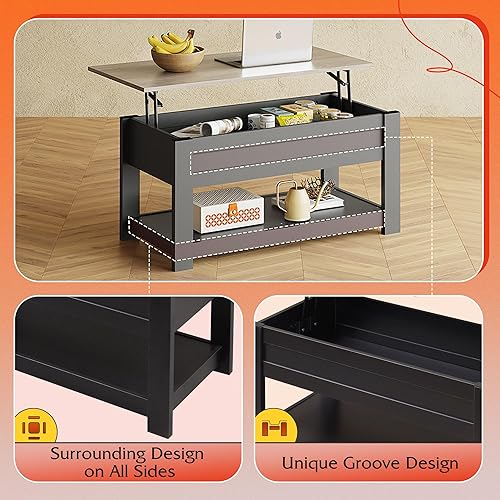 Miniatura 6 de WLIVE Mesa auxiliar, mesa de centro elevable de 39 pulgadas con compartimento oculto y estante de almacenamiento para sala de estar, color gris