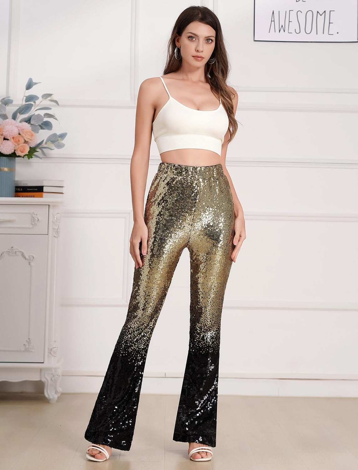 ODIZLI Womens Bell Bottom Sparkle Sequin Flare Pants Elastic High Waisted Bling Glitter Dance Pants - Image 3