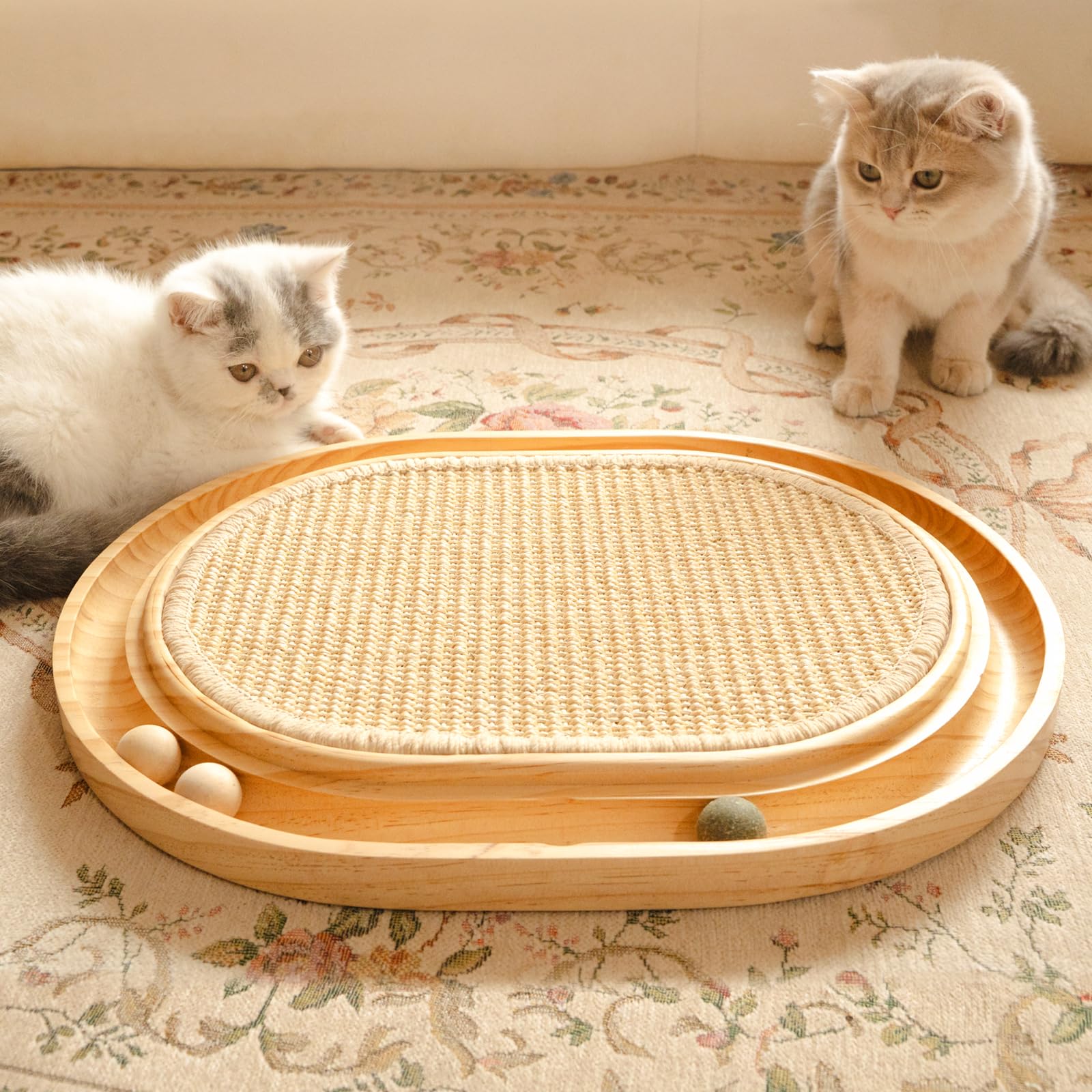 CheerPals Sisal Scratching Board, 2-IN-1 Cat Toy, Solid Pine Wood & Natural Sisal Pad & Catnip Balls