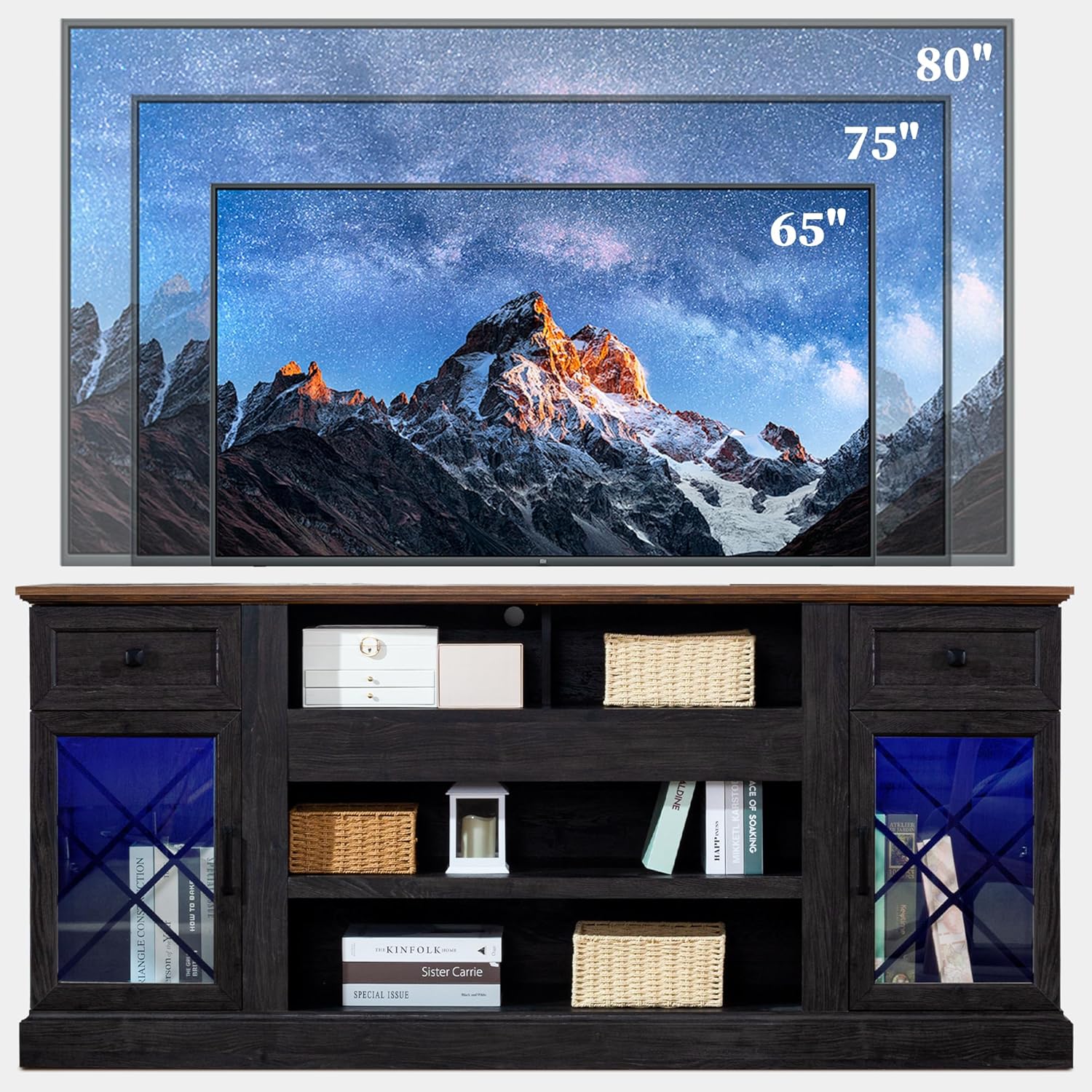 70 Inch Farmhouse TV Stand Table for 75 80 inch TVs, Modern Entertainment Center with LED Lights and Glass Doors, Wooden TV Stands for Living Room (Espresso, 70"x15"x30")