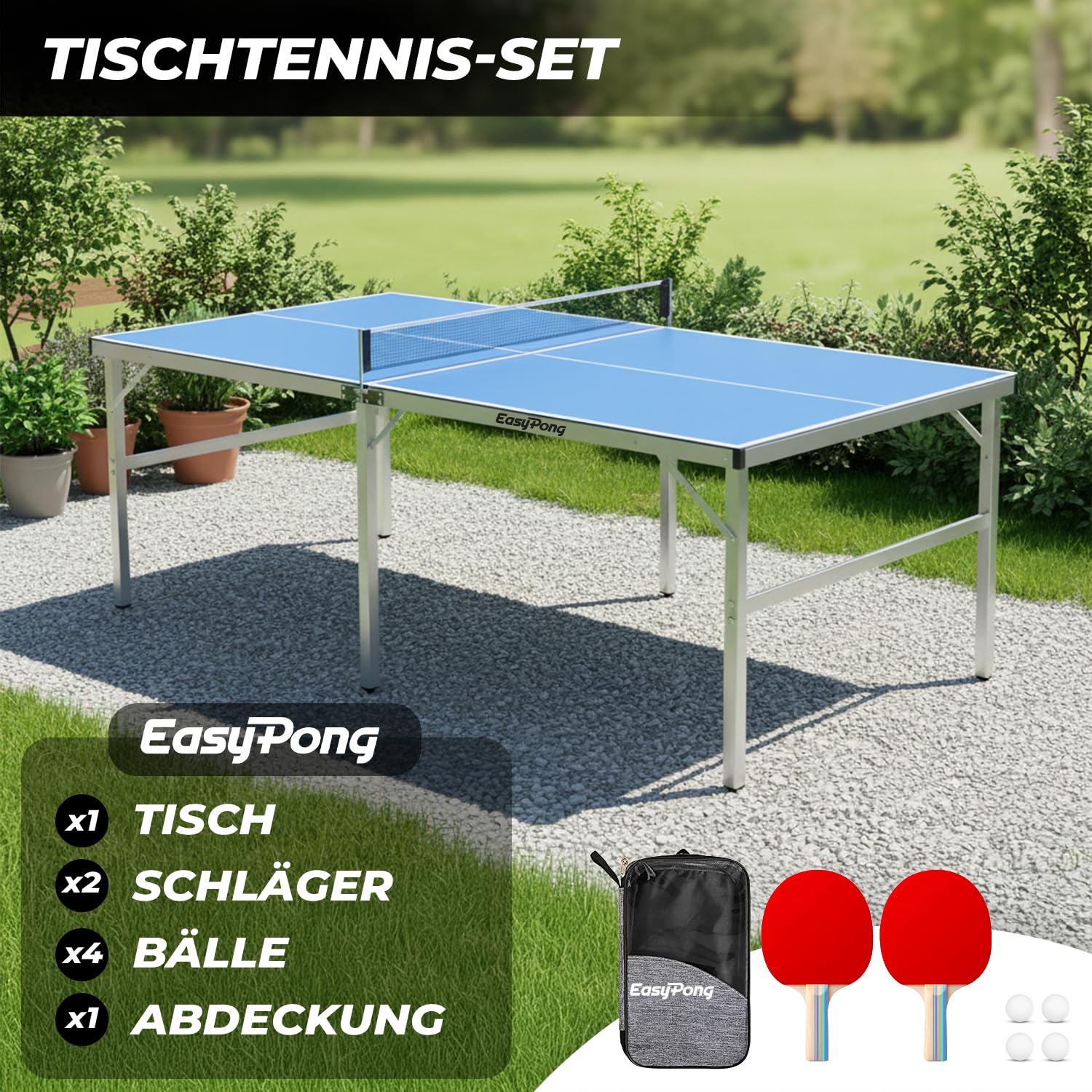 EasyPong® | Tischtennisplatte Blau | 182x91 cm | Premium Qualität | Leicht zu transportieren | Stabil | Ideal für Outdoor & Indoor | 2 Schläger + 4 Bälle | 100% Fun | OriginalCup®