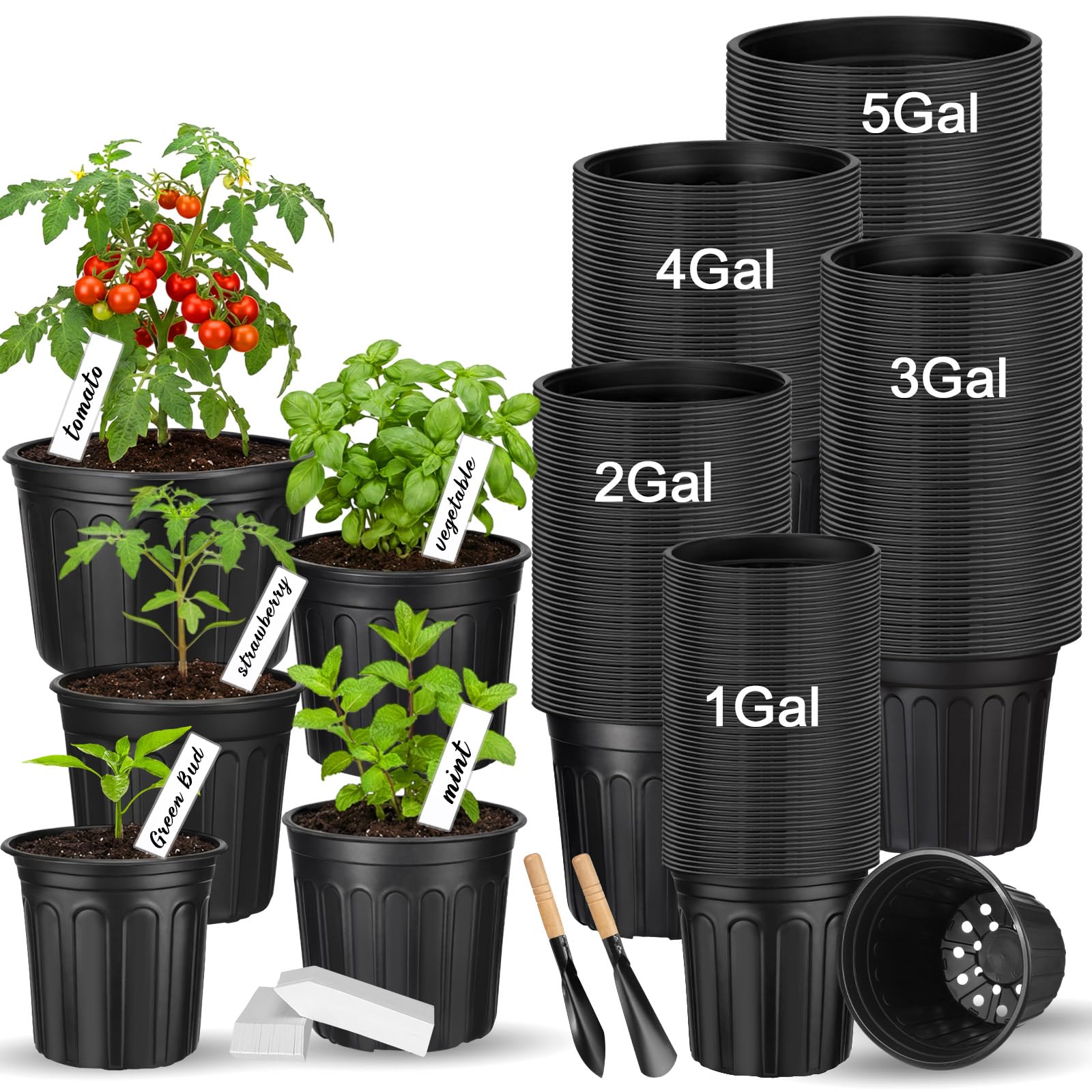 225 Stück 1/2/3/4/5 Gallonen Kunststoff Anzuchttöpfe Bulk verdickte Pflanztöpfe mit Drainageloch Runde Blumenbehälter mit Pflanzenetiketten Kleine Schaufeln Set Pflanzgefäße für den Innen