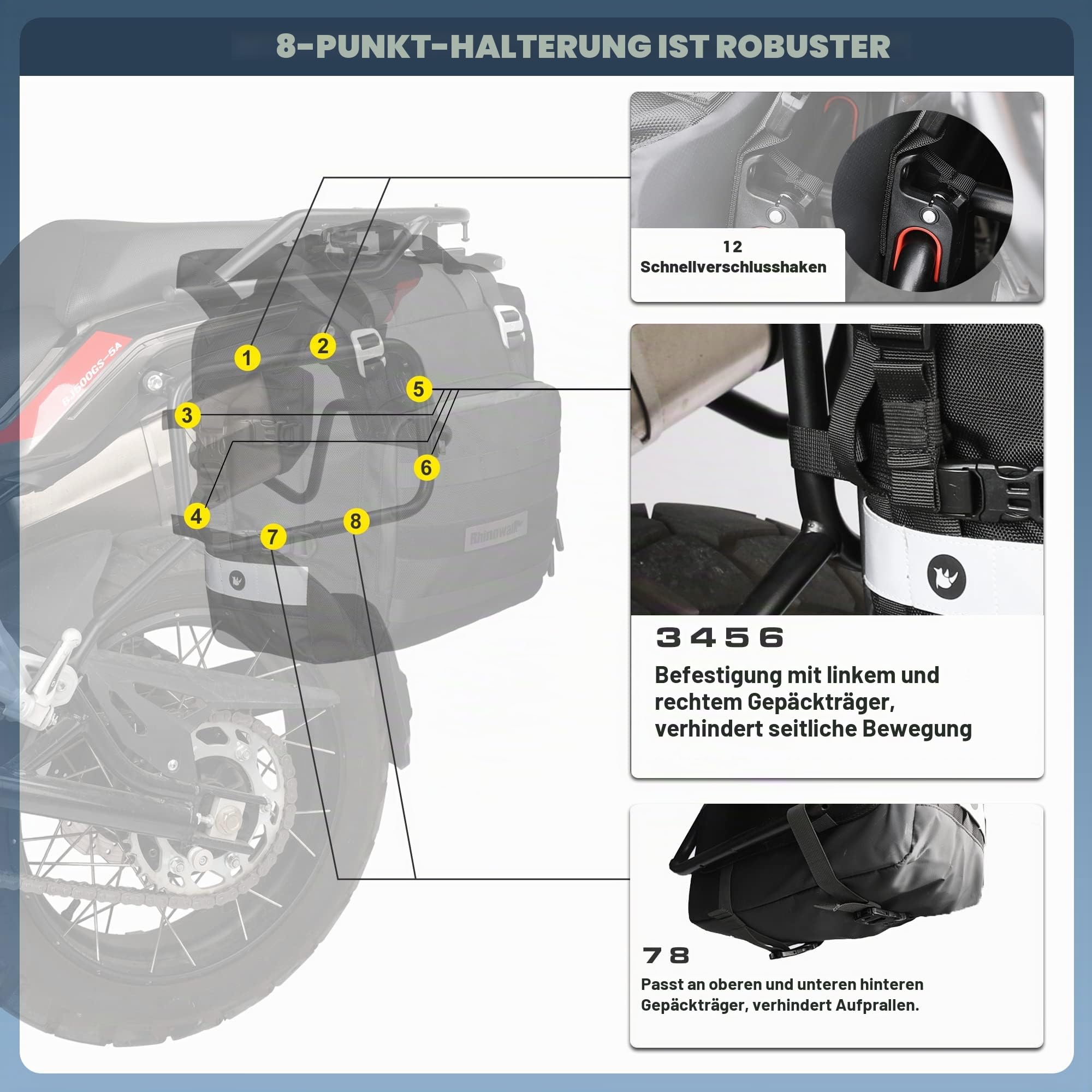 Rhinowalk Motorrad Satteltasche 20L Wasserdicht Motor Seitentasche Gepäcktasche Hecktasche Hinterradtasche (Schwarz)