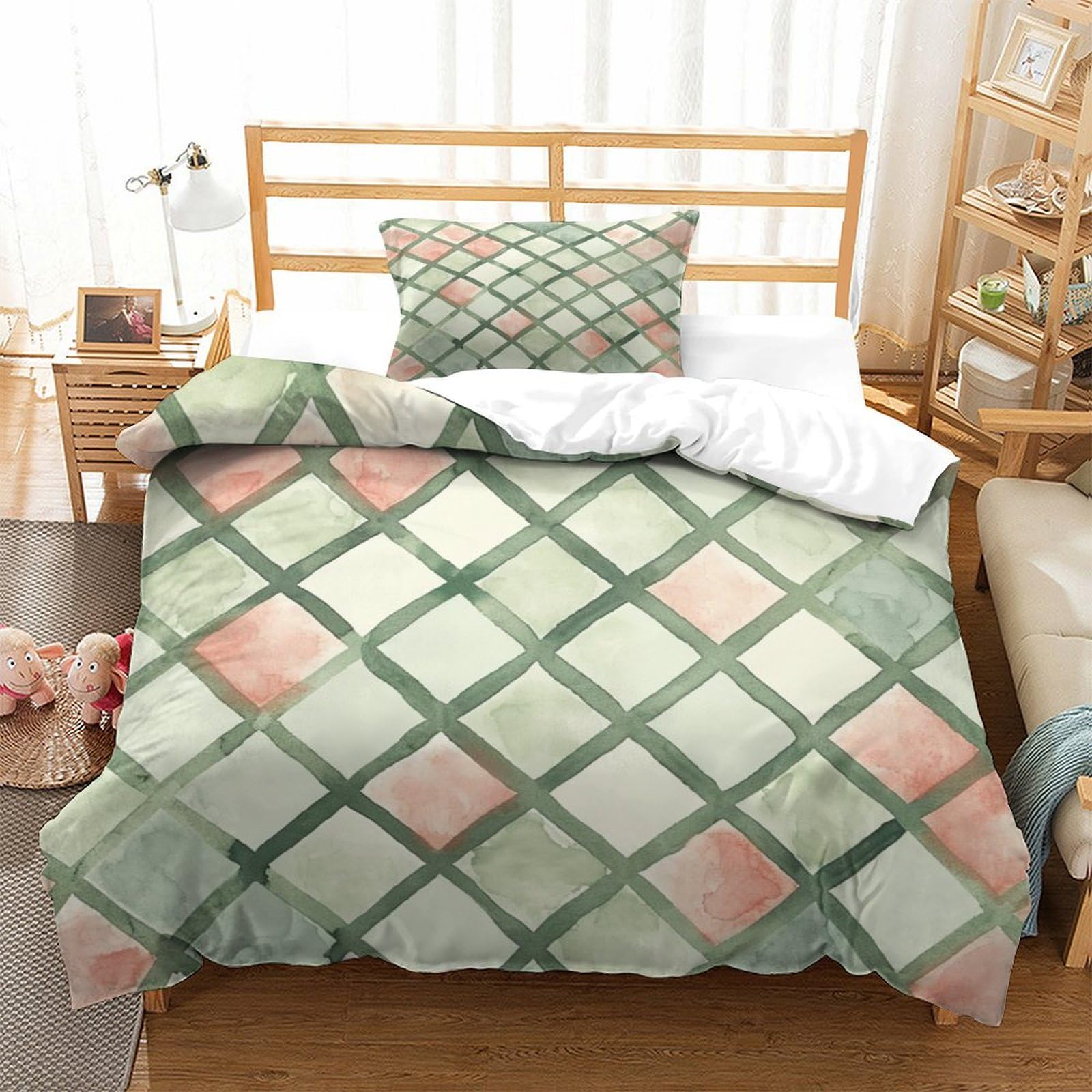 P1S9U7W5Y Modern Plaid 3D Printed Duvet Cover Set 3pcs Soft Microfiber Geometric Bedding Set Single（135x200cm）