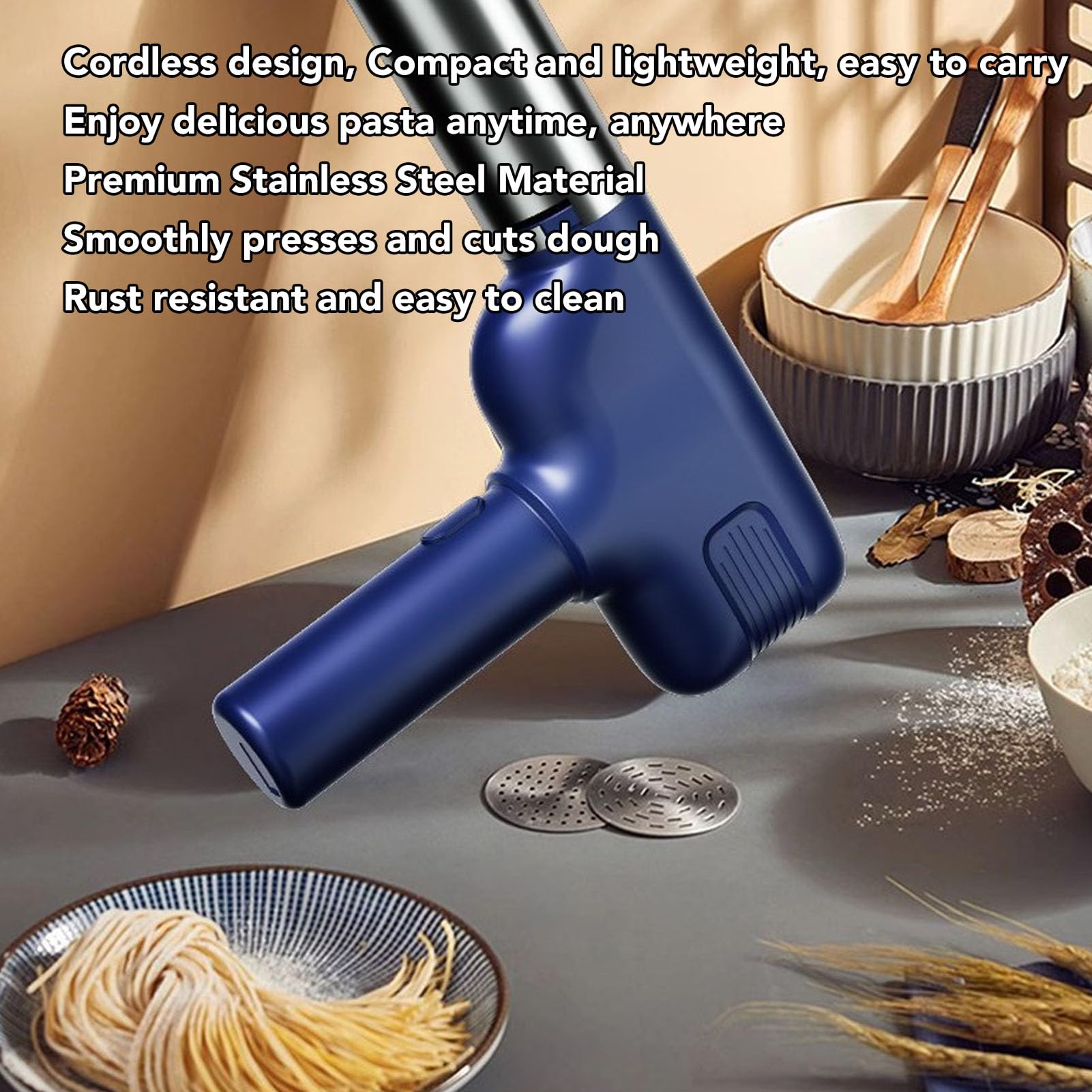 Máquina para Hacer Fideos Eléctrica Compacta con Diseño Recargable por USB, Máquina para Hacer Pasta Automática Portátil de Acero Inoxidable para Cocinar en Familia (BLUE)