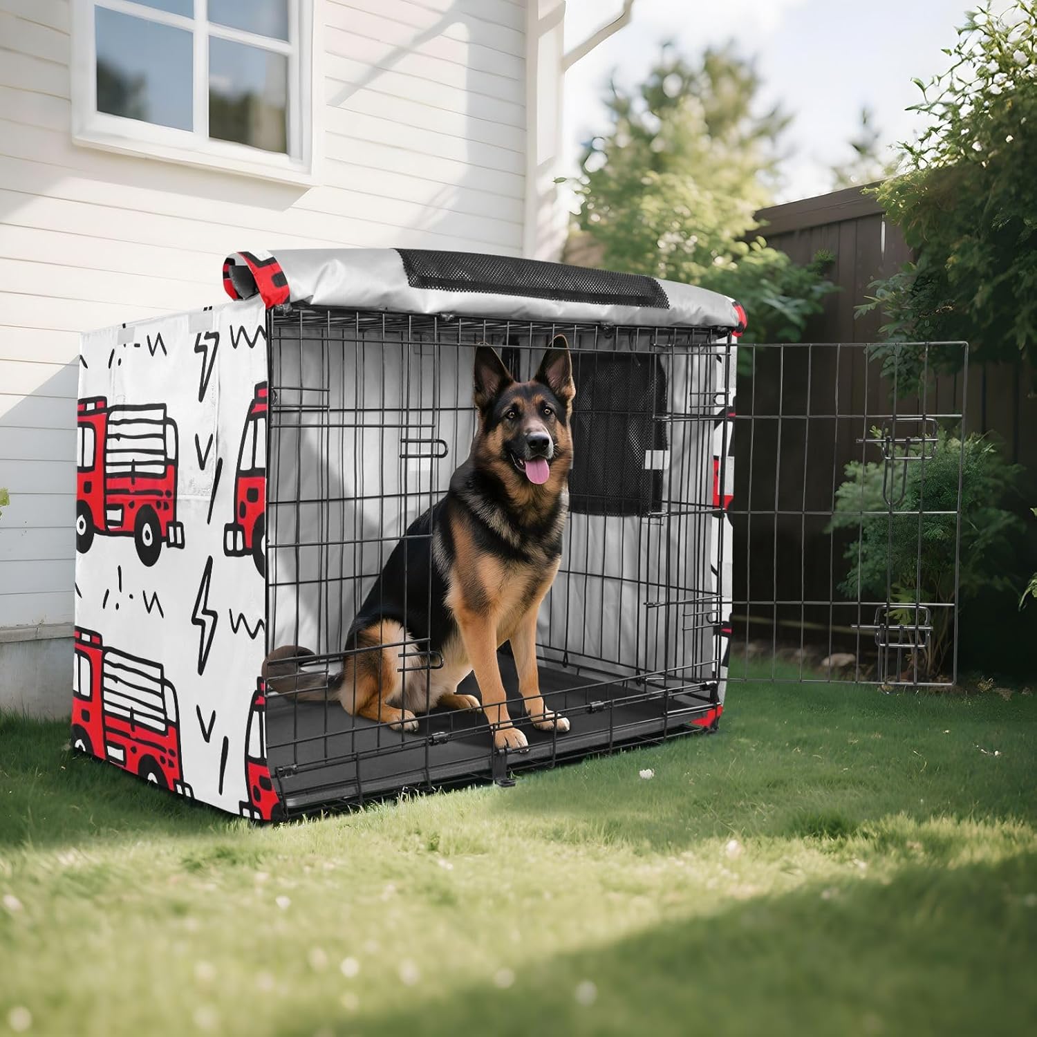 Cartoon Fire Trucks Dog Crate Cover Easy to Install, Pet Kennel Cover with Mesh Windows, Large
