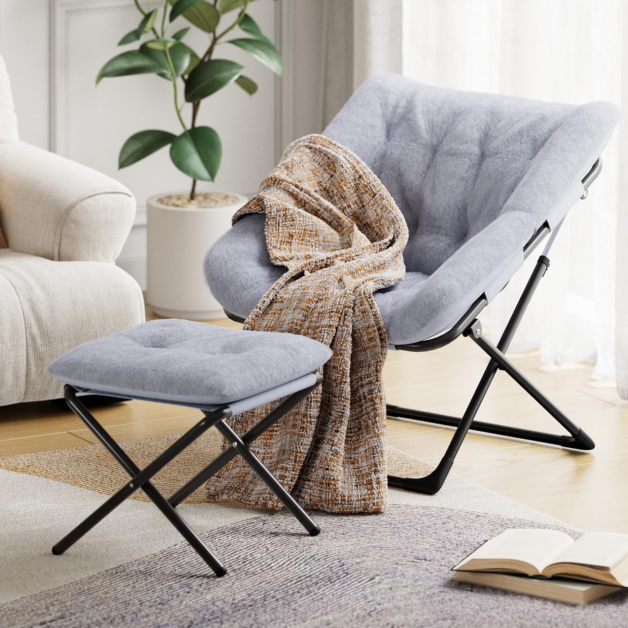 Garvee Klappstuhl mit Fußhocker, bequemer Relaxsessel | Klappbarer Relaxsessel mit Fußhocker, weicher Polsterung, stabilem Design und leichter Konstruktion in Grau