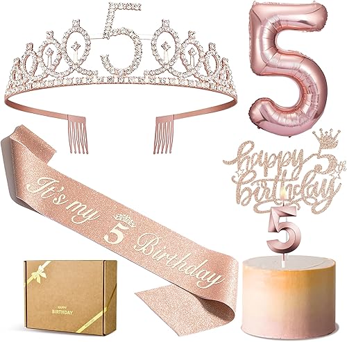 PHD CAKE Decoraciones de cumpleaños número 5 para niñas, incluyendo coronatiara, banda, velas de cumpleaños, globo de número 5