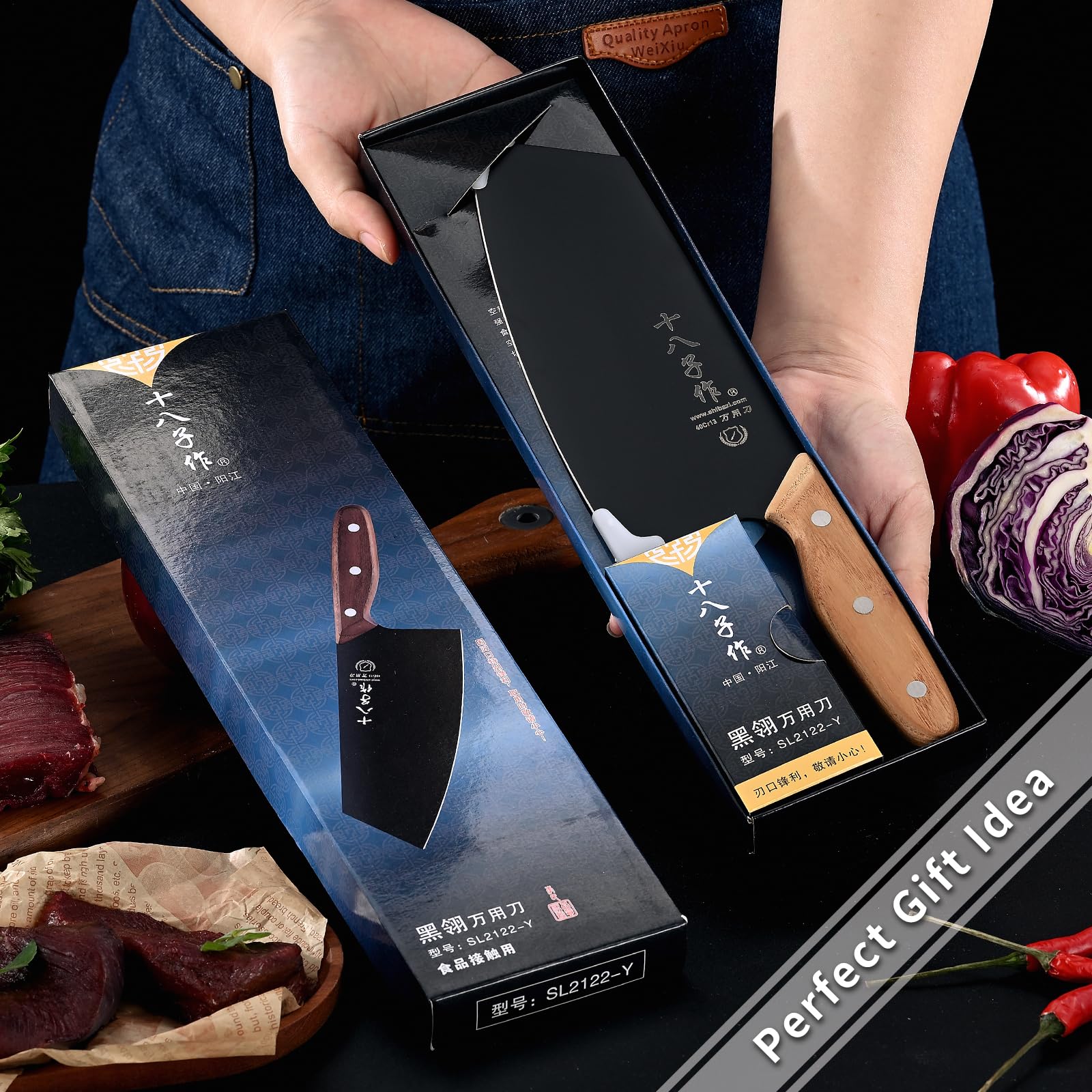 Coltello Chef da Cucina con Lama Nera e Maniglia in Legno Ergonomica
