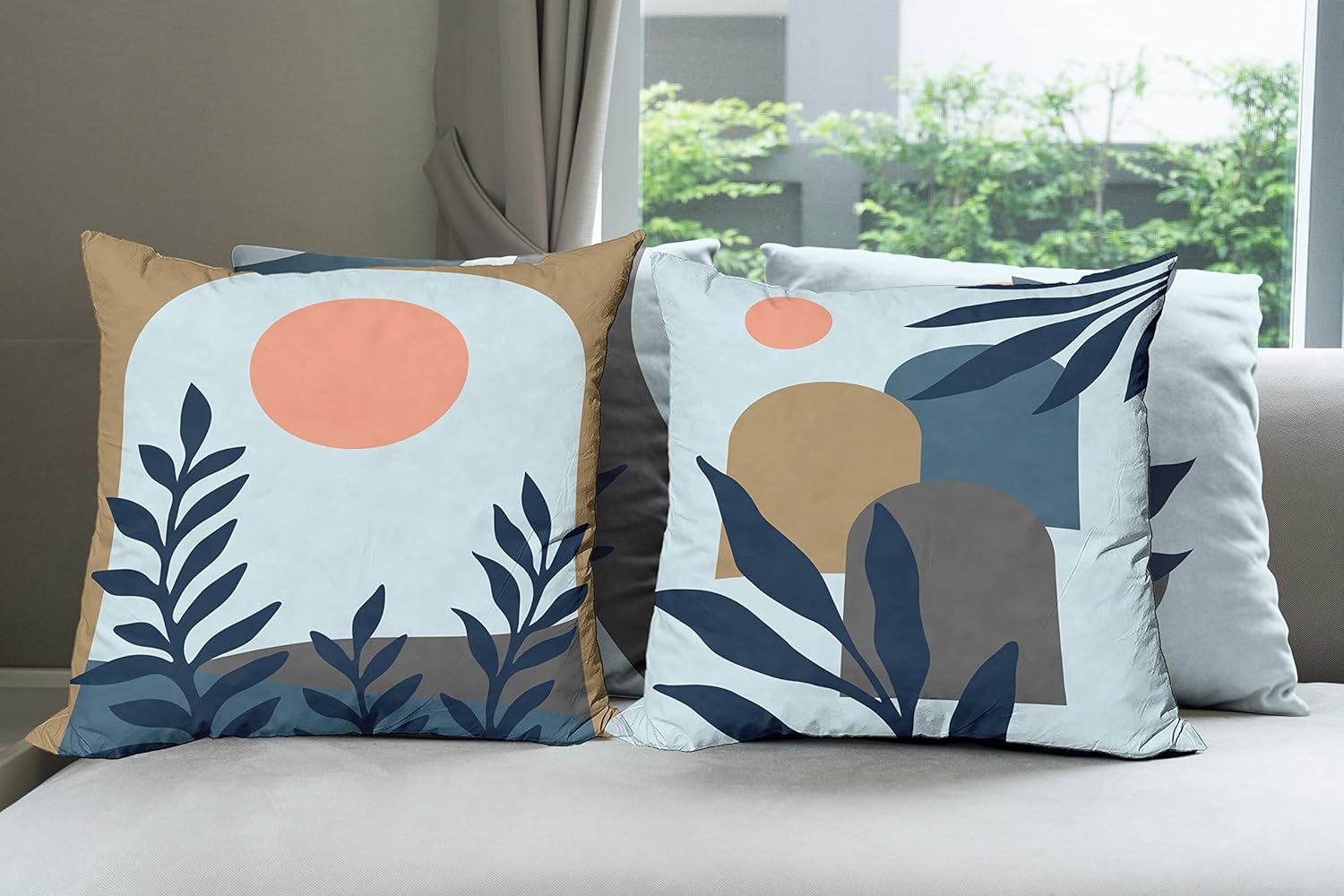 Ambesonne Minimal Throw Pillow Cushion Case Pack of 4, Modern Style Leaf Branch and Geometric Abstract Details Contemporary, Modern Accent Double-Sided Digital Printing, 18", Soft Blue Grey and Fawn