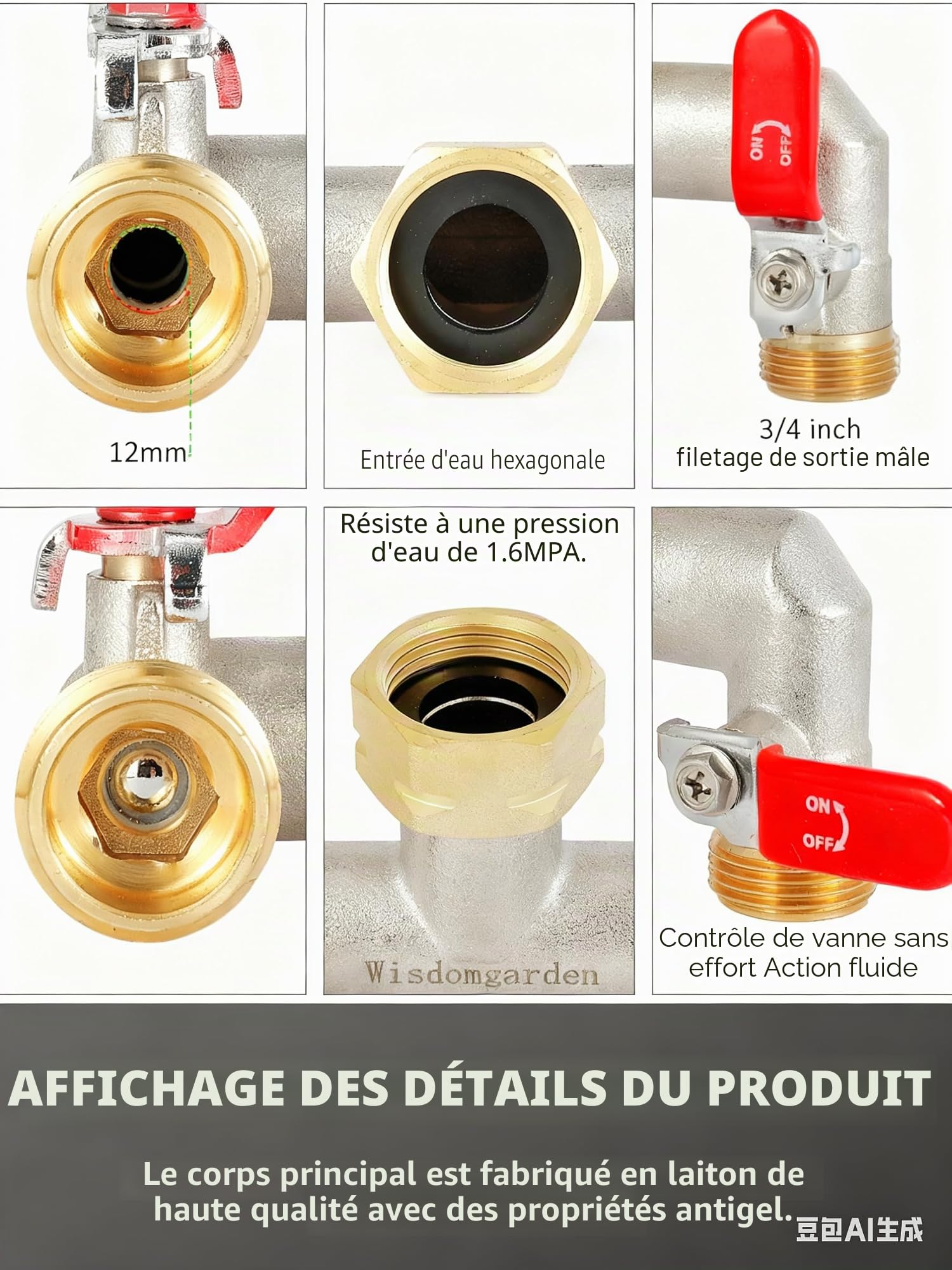 Distributeur d'eau 3 voies, vanne 3 voies, distributeur de raccordement d'eau, distributeur de jardin 3 voies, distributeur 3/4", robuste connexion hexagonale avec adaptateur de