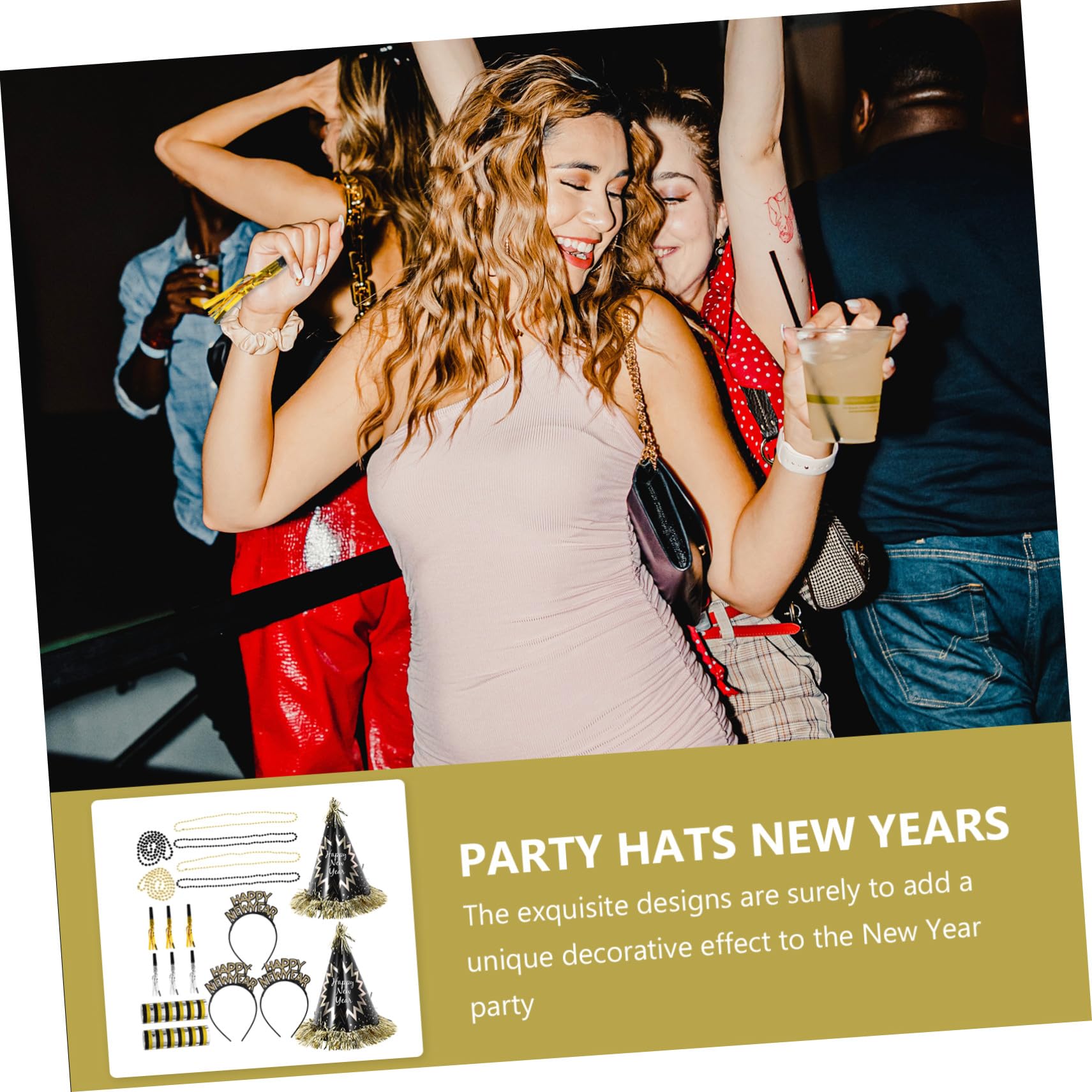 OFFSCH Neujahrs-partyset Schwarz-gold mit Sicheren Materialien Inklusive Papierhüte Stirnbänder Krachmacher und Halsketten Vielseitige Silvester Tischdeko für Jahreswechsel